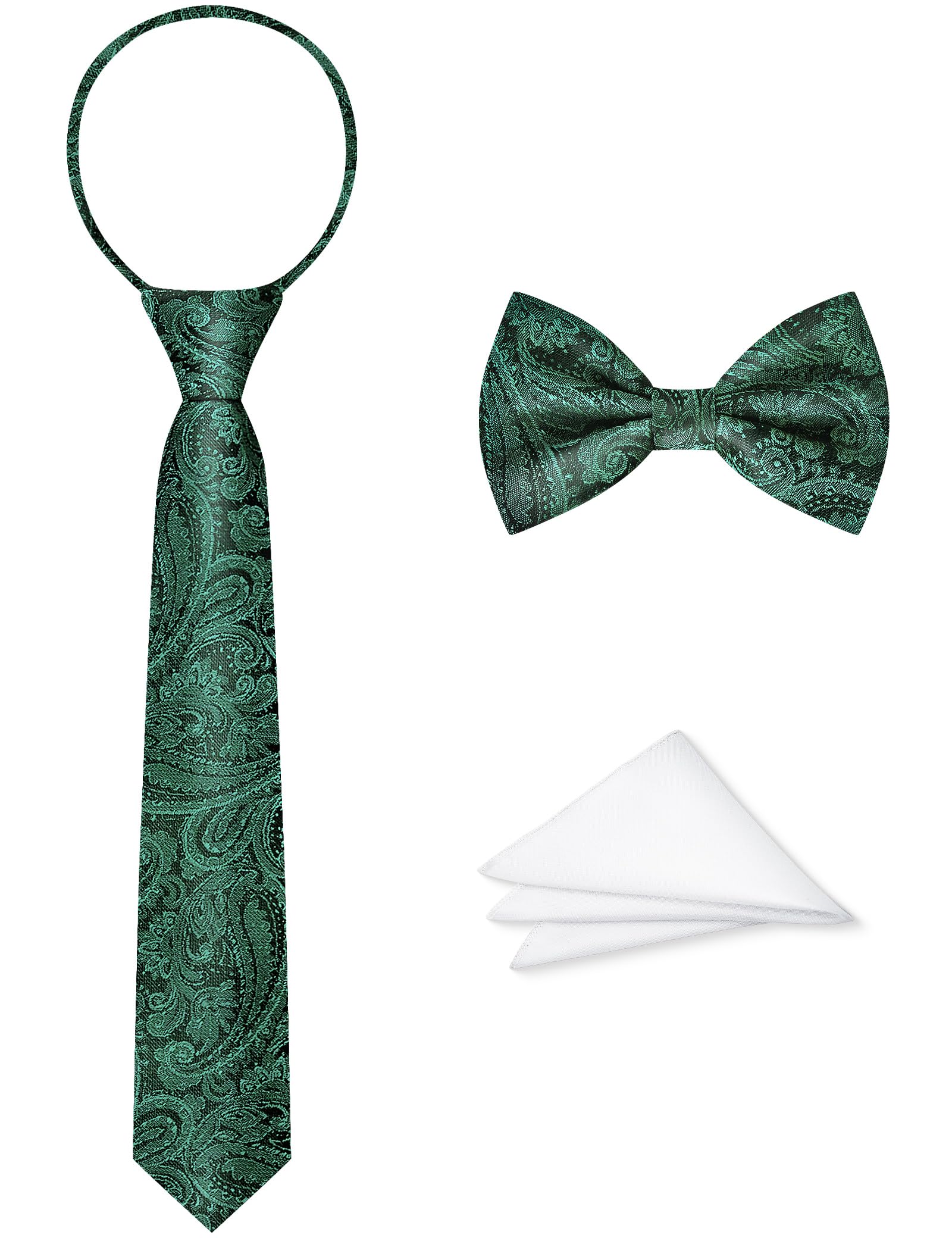 Boys Tie Set, Bow Tie &amp; Pre-Tied Zipper Necktie, Pocket Square