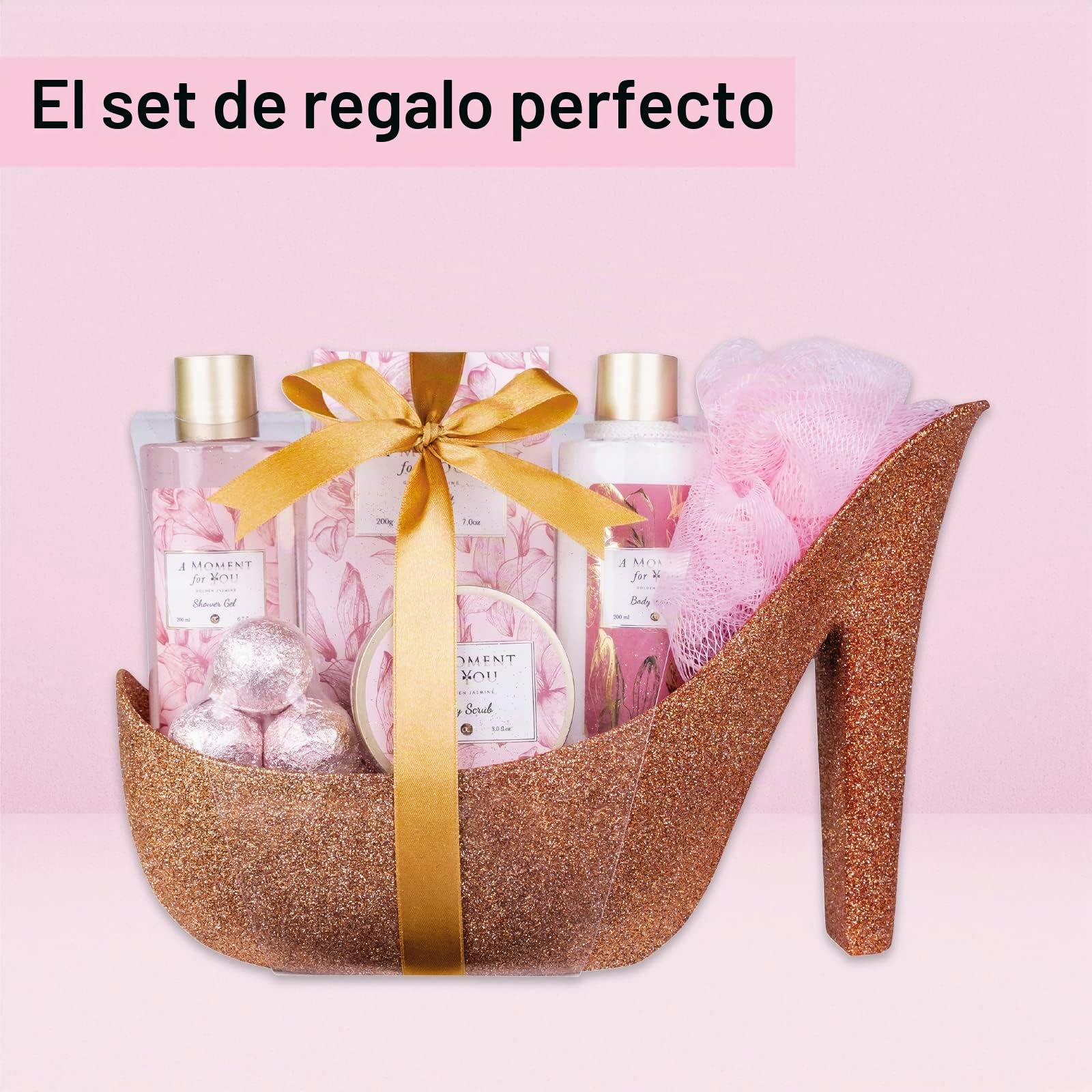accentra - Set Regalo Mujer Un momento para ti Fragancia Jazmín - Set de belleza de lujo con gel de ducha, sales de baño, loción corporal y mucho más. - Para mujeres con bomba de cerámica de purpurina