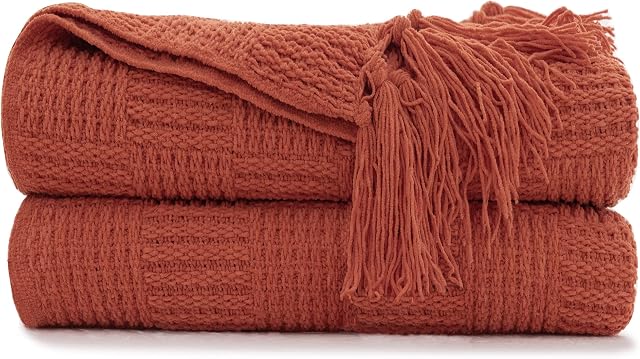 RECYCO Chenille Throw Blanket for Couch, Soft Silky Throw Blankets with Tassel Cozy Lightweight Woven Blanket with Bonus Laundry Bag for Sofa Bed Chair,152x127cm, Burnt Orange