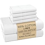 Queen Sheets Set –100% Cotton Queen Sheets with 4 Pillowcases, Lightweight Feel & Secure Fit, Crisp & Breathable Percale Weave with 15