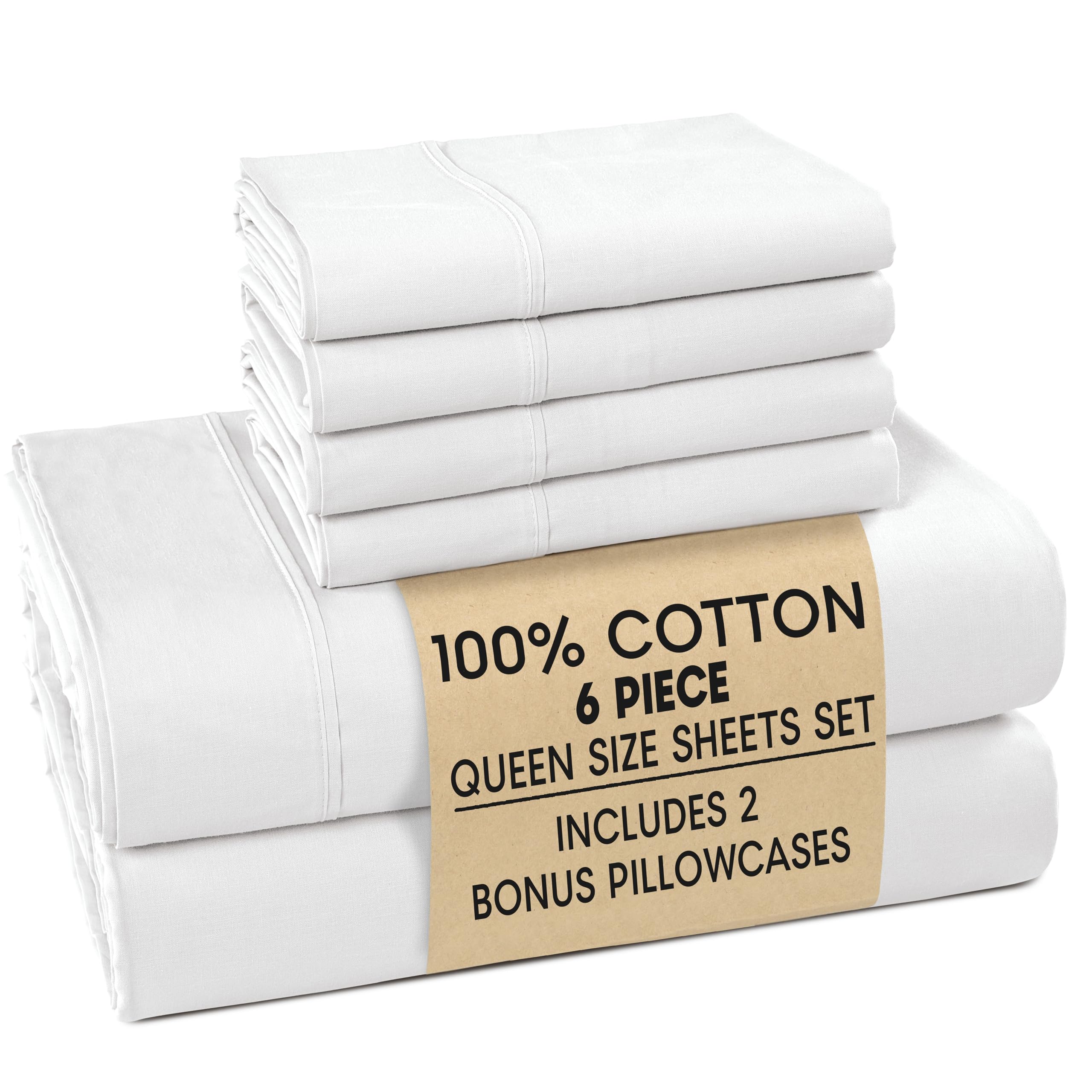 Casa Platino 100% Cotton Sheets Queen Size Set - 6 Pieces (1 Flat, 1 Fitted, 4 Pillowcases) - Soft & Breathable Percale Weave - Durable, Cooling Bed Sheets with 15" Deep Pockets - Pure White Sheet Set