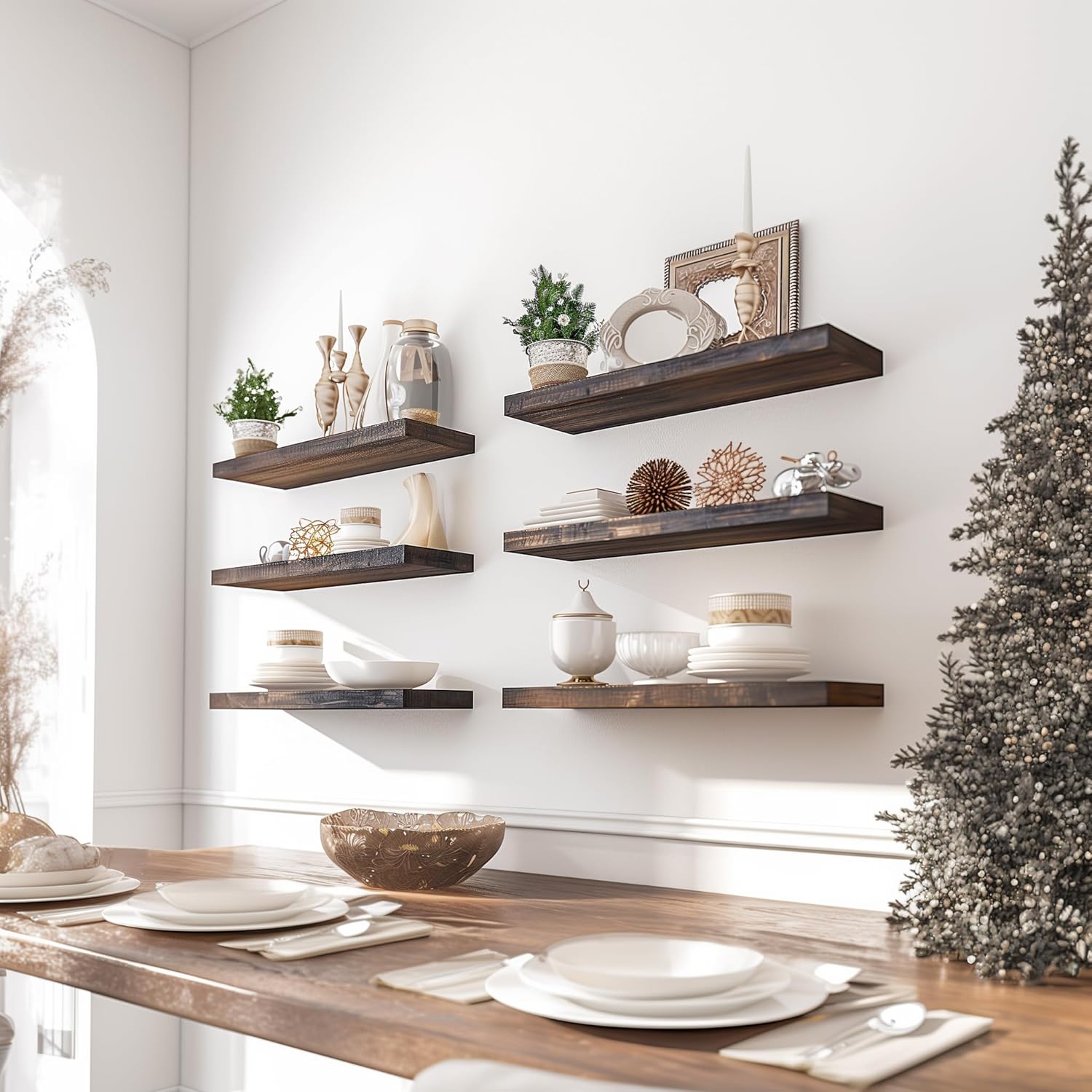 Brown Wood Floating Wall Shelves Set of 6