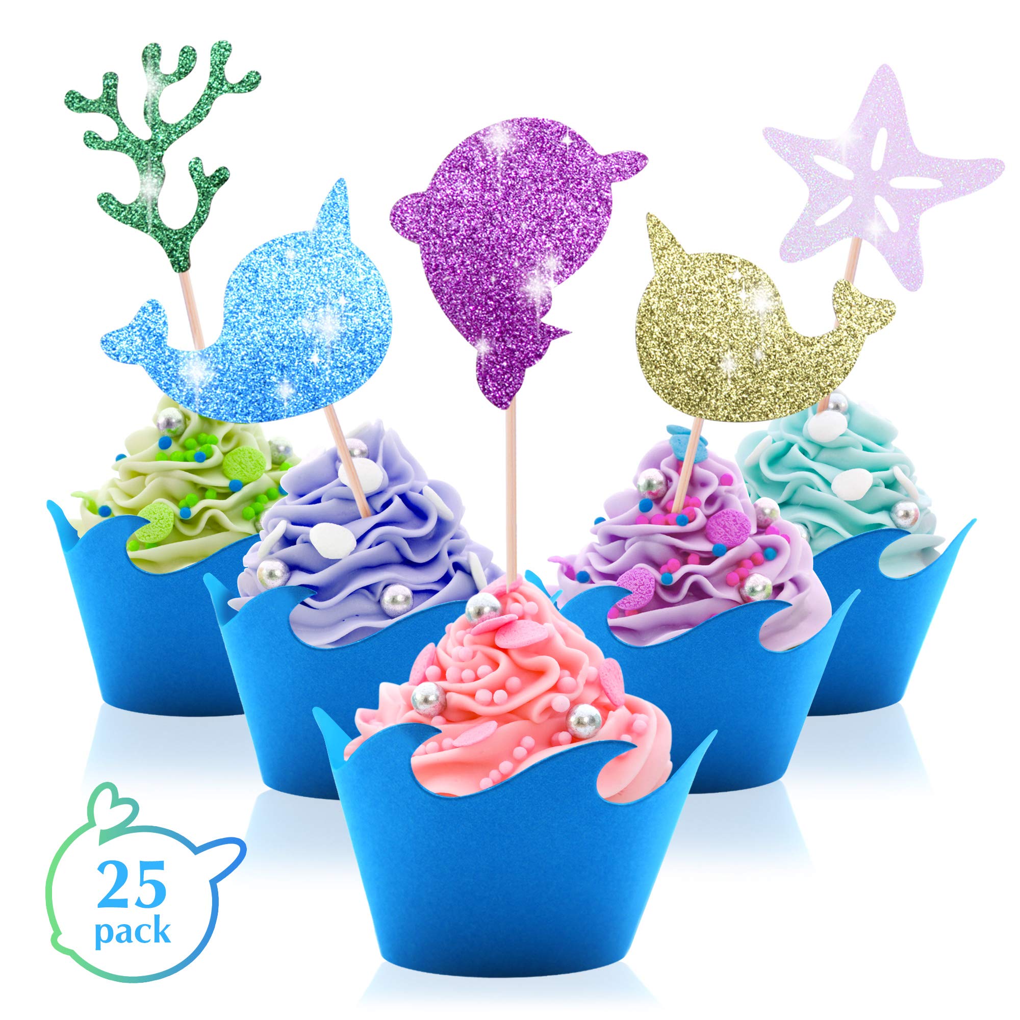 GET FRESHNarwhal Cupcake Toppers and Wrappers Set – 25-Pack Glittery Narwhal Birthday Party Supplies Kit for Cupcake Decoration – Narwhal Unicorn of The Sea Cupcake Picks and Wrappers Set