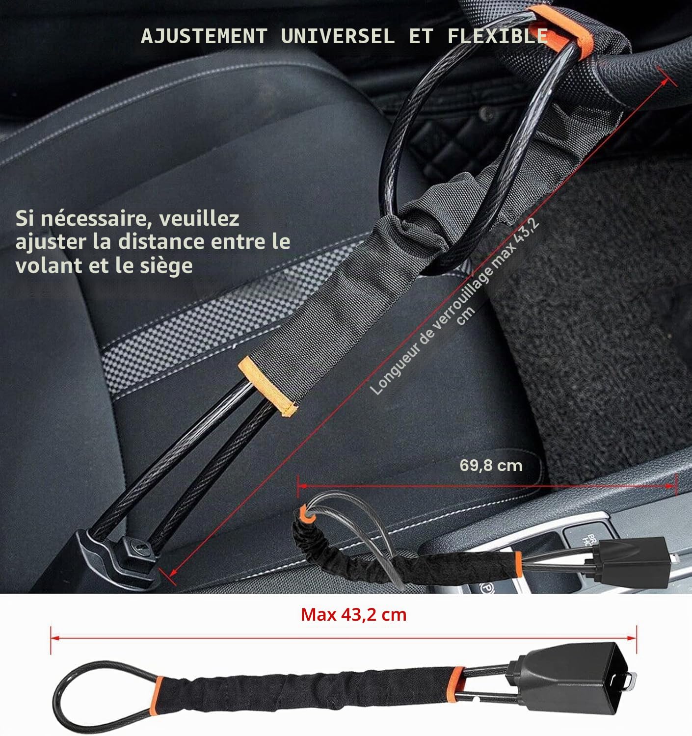 Verrou antivol universel pour volant de voiture avec 3 clés - Compatible avec la plupart des voitures, camions, SUV, camionnettes