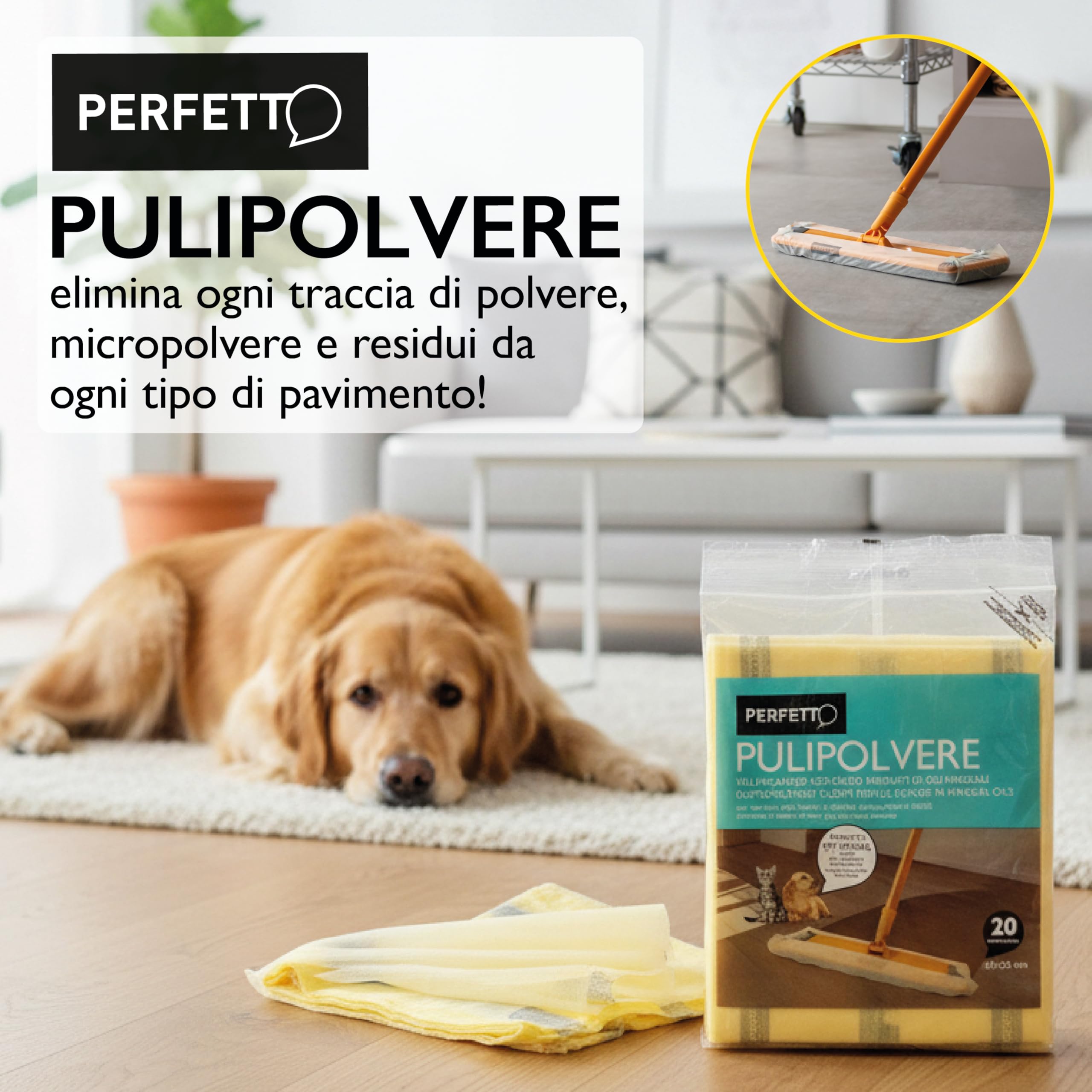 Perfetto Pulipolvere Confezione 3 Buste Ricambio da 20 Retine, 45 x 22 cm, Polipropilene, Giallo