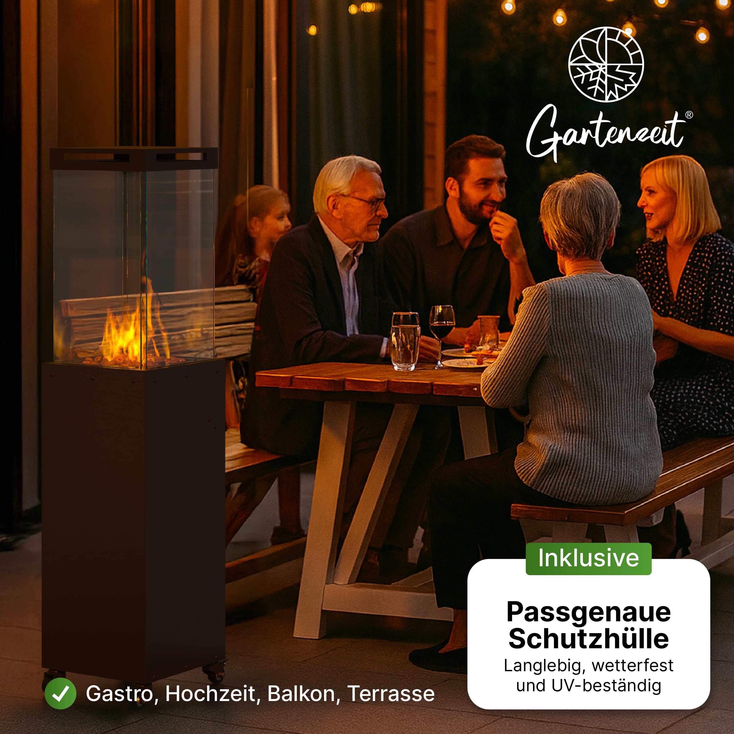 Gartenzeit Chauffage de terrasse à gaz avec cylindre en verre - Dimensions : 36 × 36 × 140,5 cm - 8 kW - Chauffage à gaz pour terrasse et jardin - Parasol chauffant avec protection anti-basculement et