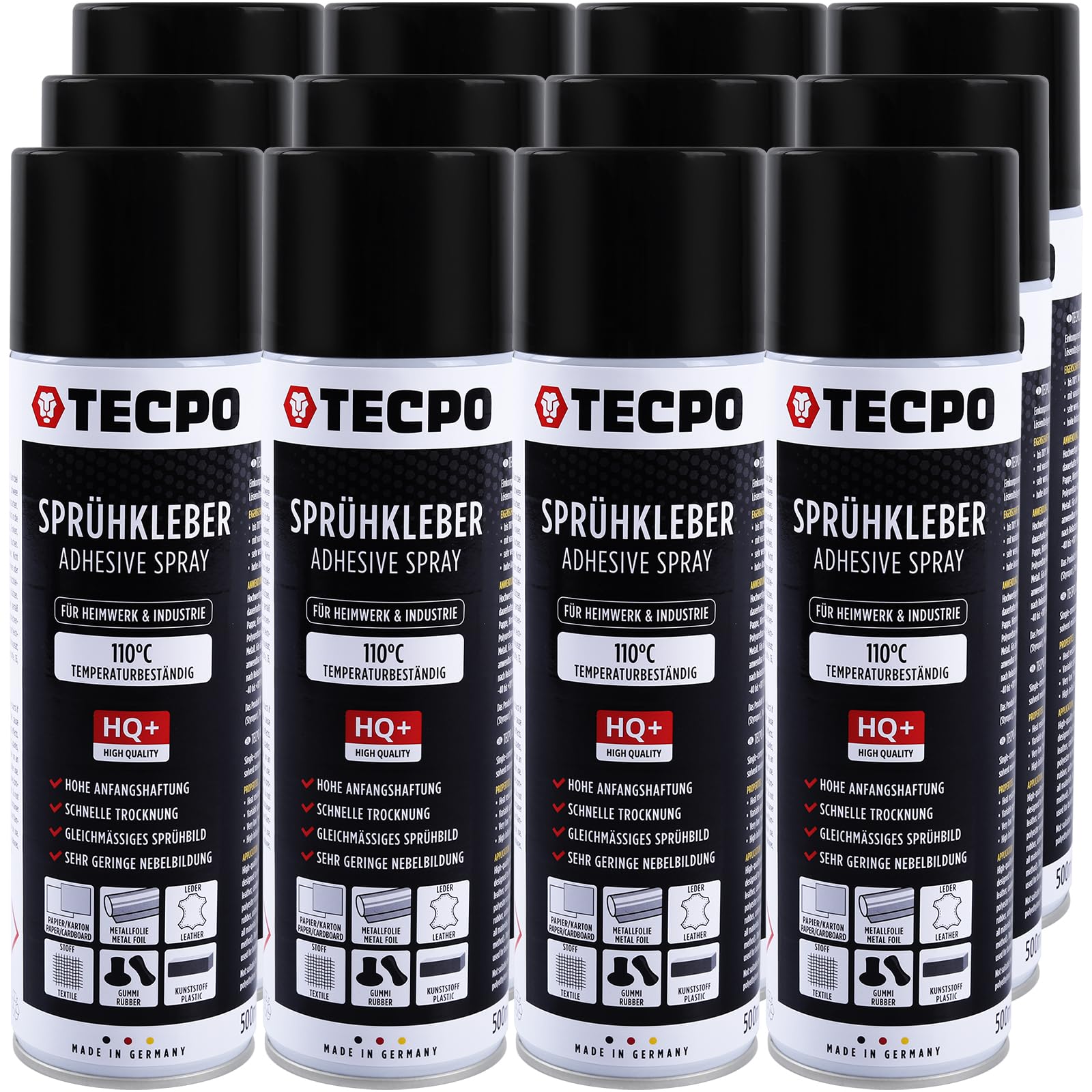 TECPO Lot de 12 sprays de colle 1K pour mousse de ciel de toit, ciel nuageux et panneaux acoustiques, transparent, résistant à la chaleur jusqu'à 110 °C, 500 ml