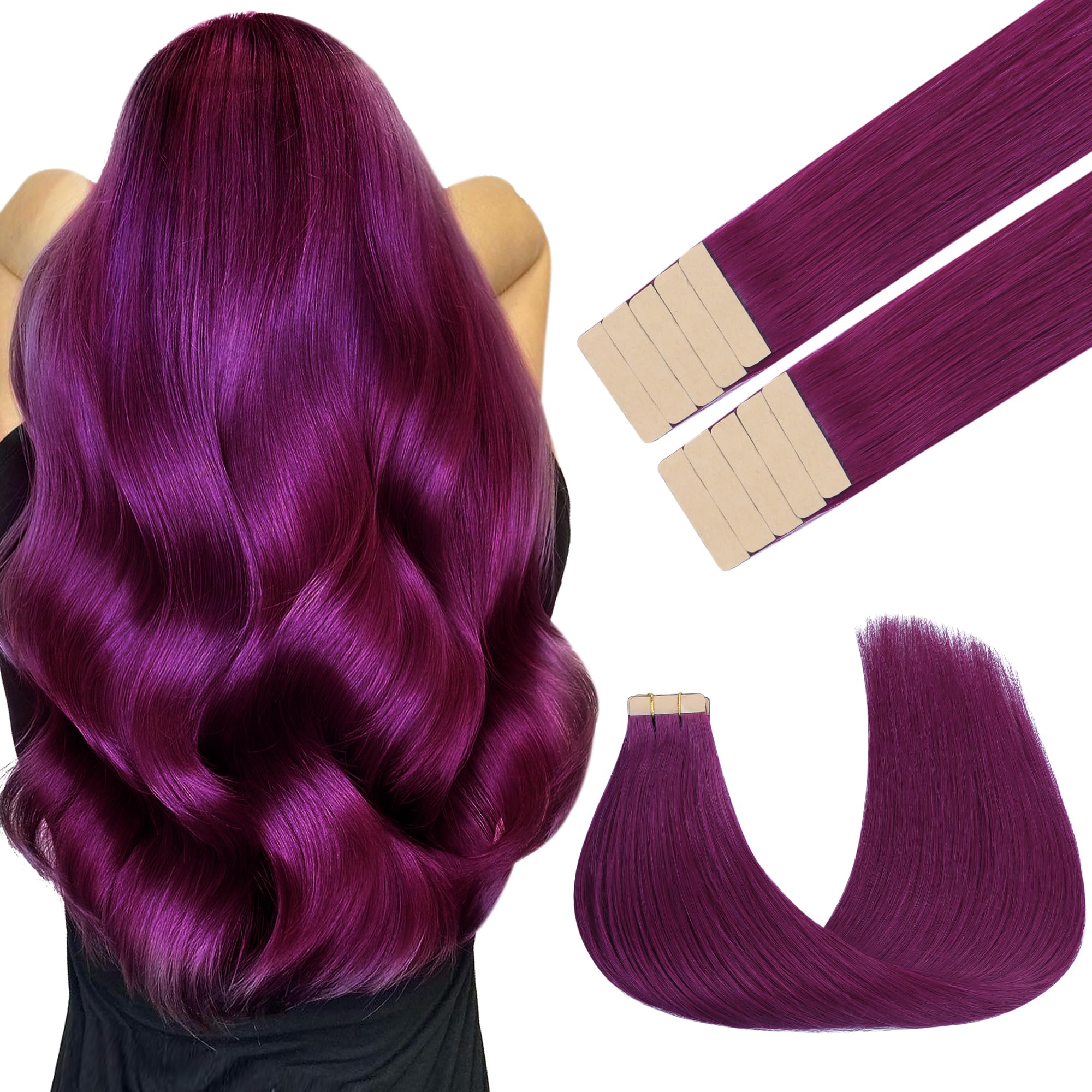 GOO GOO Tape in Hair Extensions Human Hair, Violet, 22inch 30g 10pcs, Colored Tape ins Human Hair Extensions, Silky&Soft Invisible Tape Ins, Hair