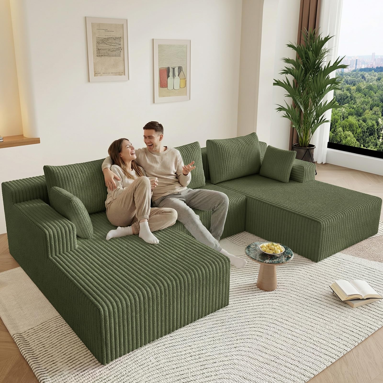 107" U-Shape Cloud Couch, Modern Modular Sectional U-Shape Sofa, Corduroy Boneless Couch Upholstered Couches Deep Seat Sleeper Chaise Longue for Living Room, No Assembly Required,Green