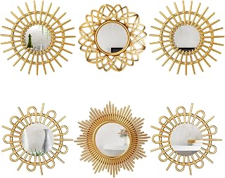 Namalu 6 Pack Gold Sunburst Round Mirrors for Wall Decor - Vintage Hanging Starburst Mirrors Bedroom Bathroom Living Room
