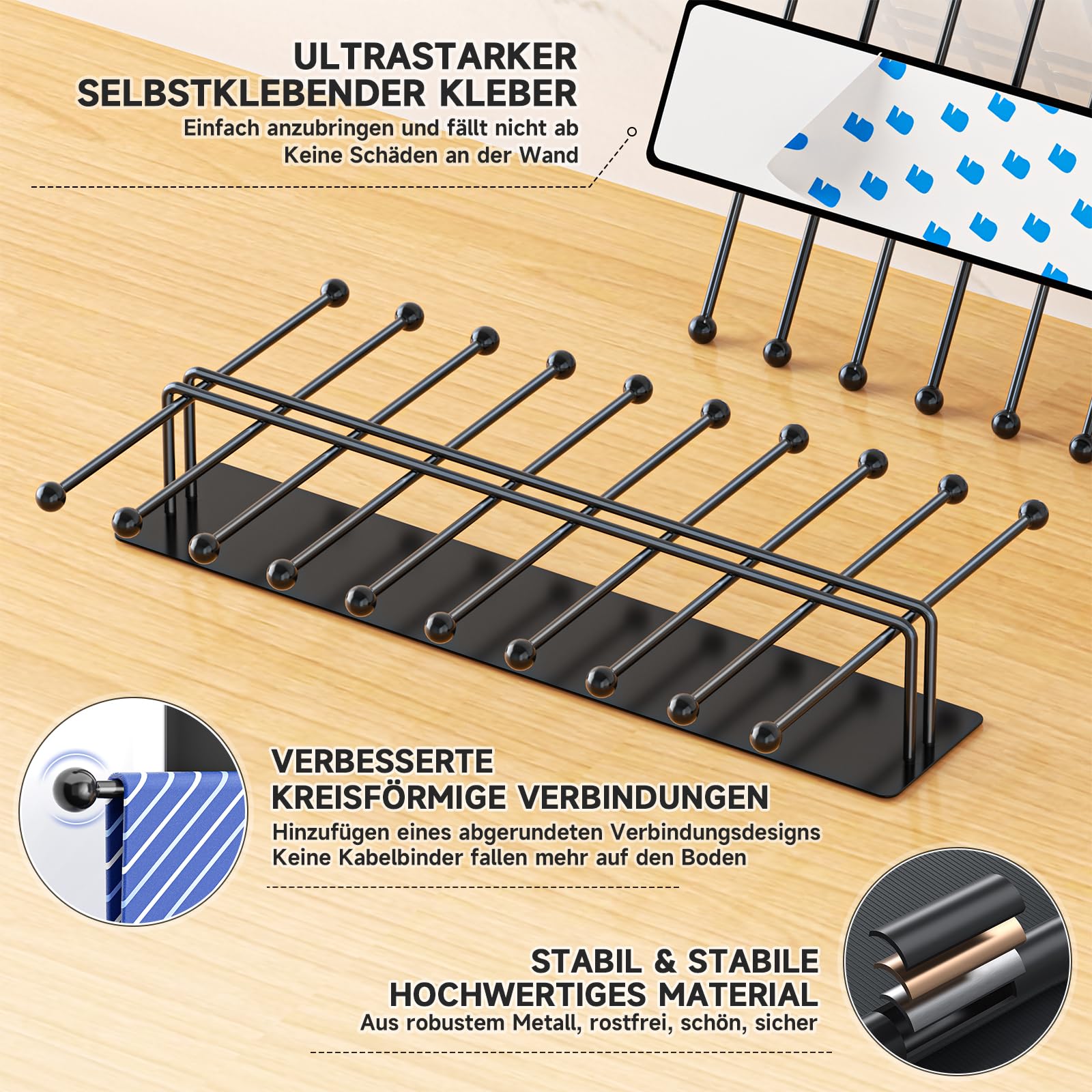 Krawattenhalter Wandmontage, Krawattenbügel für Männer, Krawattenhänger für Kleiderschrank Metall, Selbstklebender Krawatten Aufbewahrung für Krawatten, Gürtel, Schals, Accessoires (Schwarz)