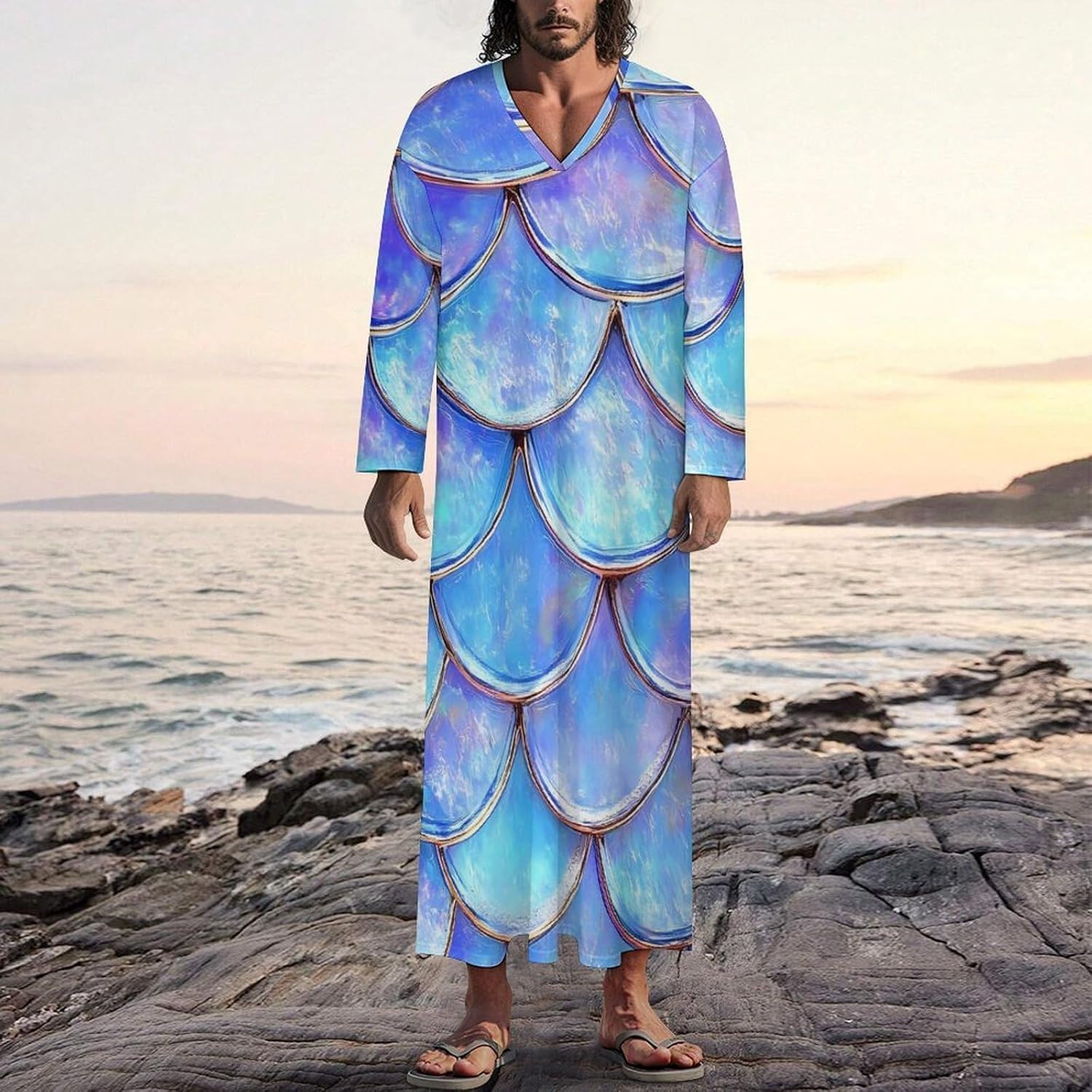 Blue Mermaids Scales Men's Kaftan Thobe V-Neck Robe Long Sleeve Gown Thobe for Home Outings