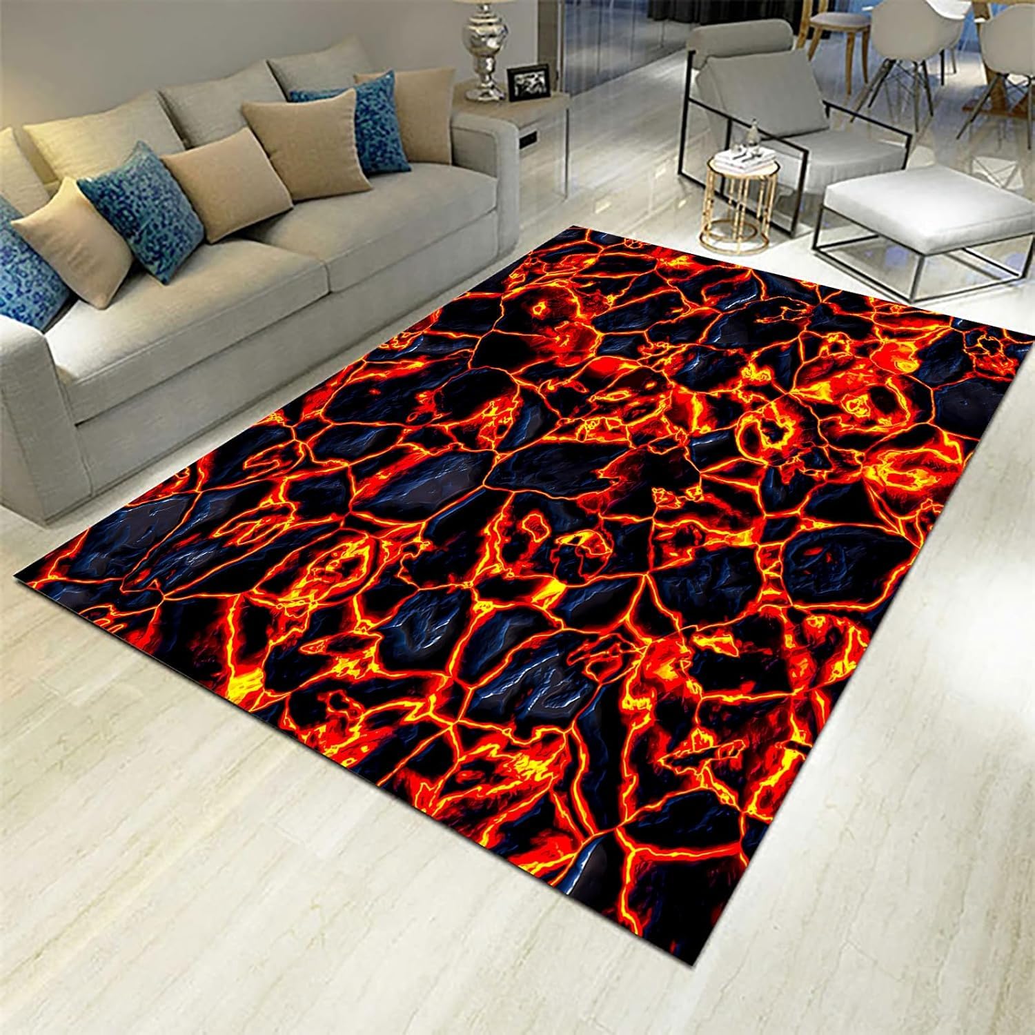 Tapis antidérapant 120x160 cm à support caoutchouc et texture flamme 3D pour salon
