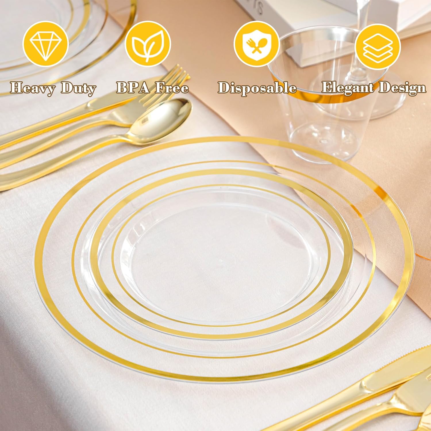200PCS Clear Plastic Plates, Disposable Party Plates with Gold Rim, Include 100 Dinner Plate and 100 Elegant Dessert Plate for Party and Wedding