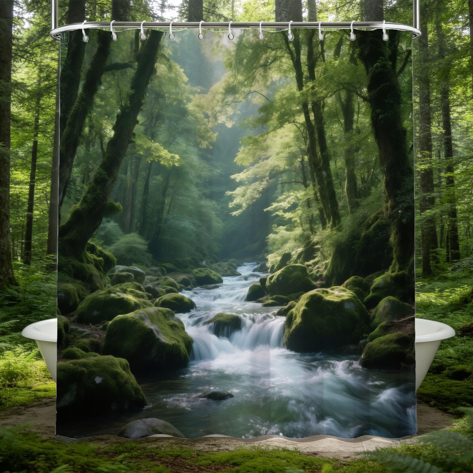 Hongduo 3D Forest Stream Shower Curtain for Stalls Bathtubs Natural Landscape Bathroom Decor Shower Curtain Set Polyester Fabric Waterproof 200x200cm/79X79 Inch with Hooks