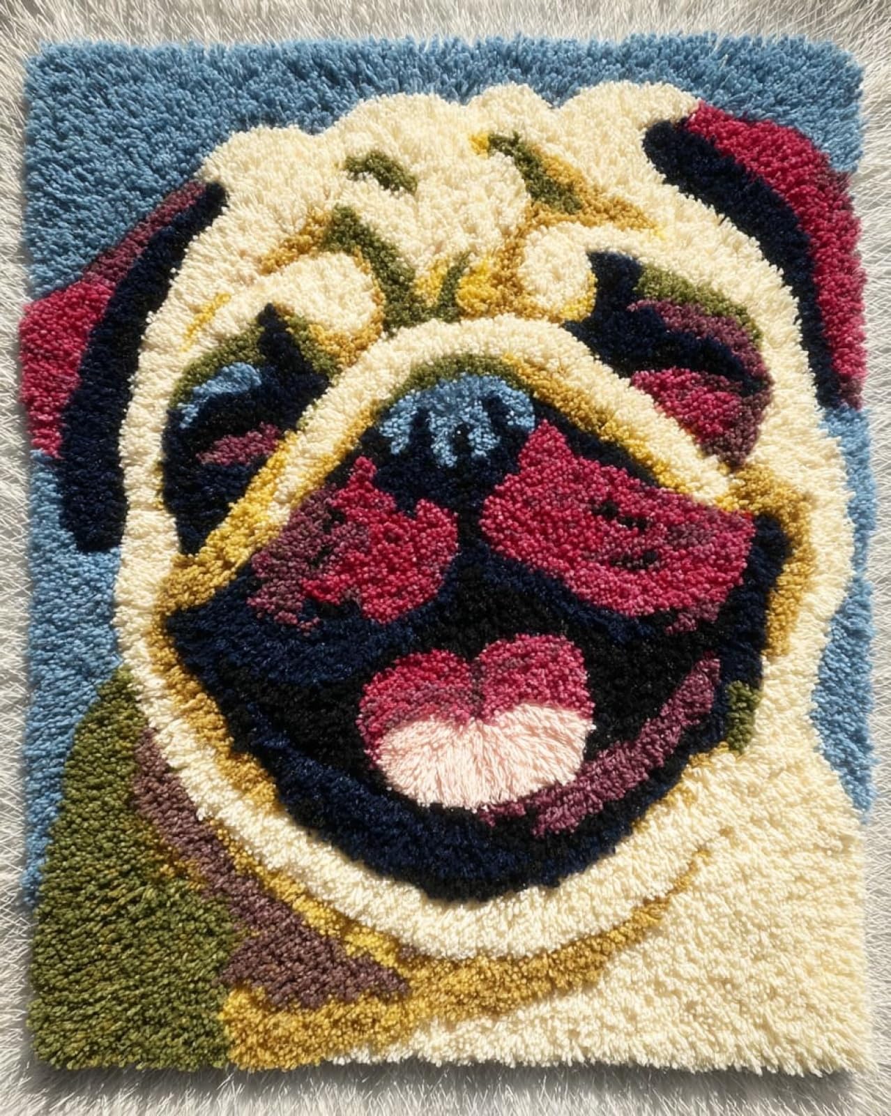 Wallphantom DIY Latch Hook Rug Kit,Happy Pug,Latch Hook Kits for Adults,Home Carpet Rug Making,Needlework Crafts Rug for Home Decor,60x90cm