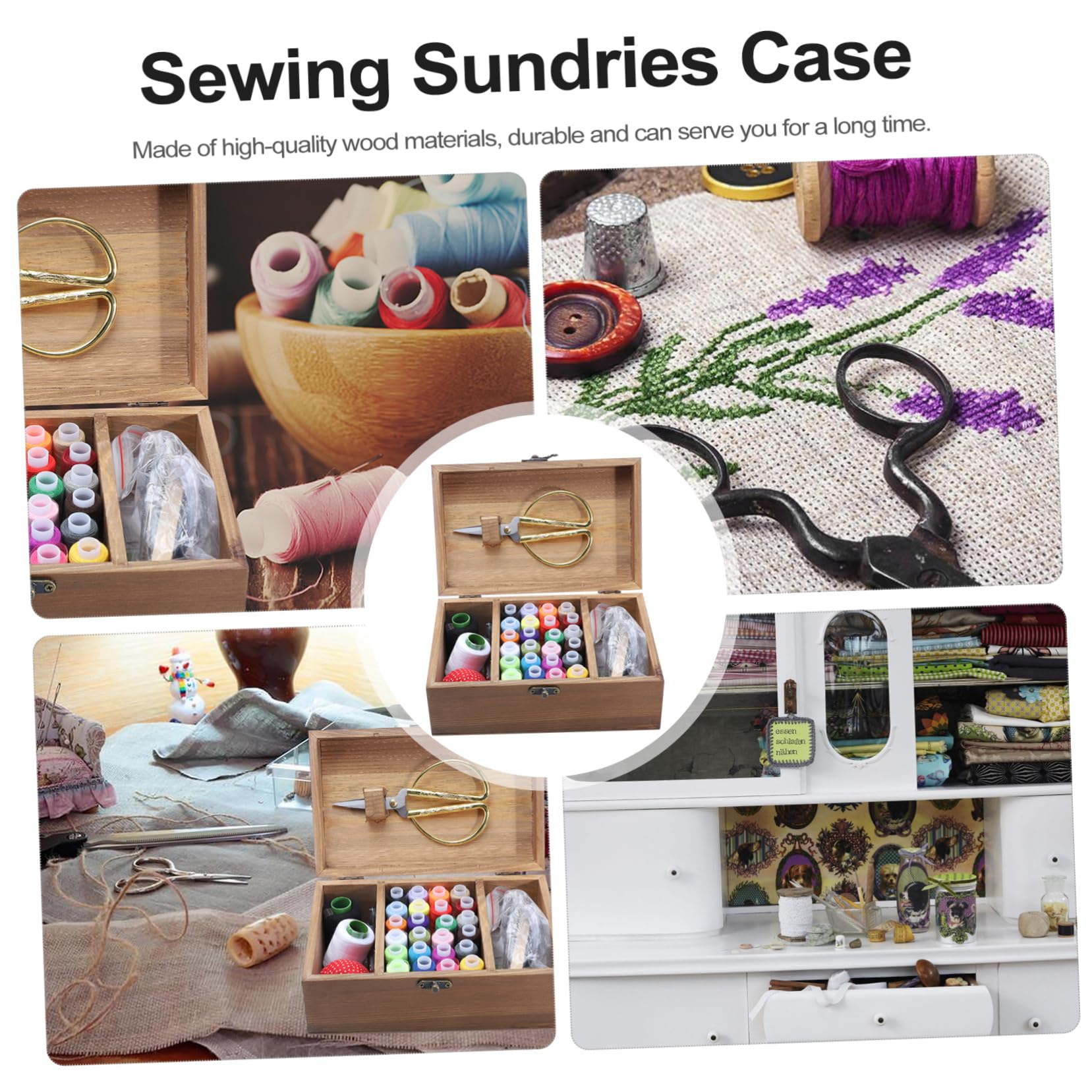 Kit de Costura Completo de Madera Retro Gran Capacidad, Caja de Almacenamiento Ecológica para Diy, Incluye Agujas, Hilos Variados y Tijeras, Adecuado Hogar