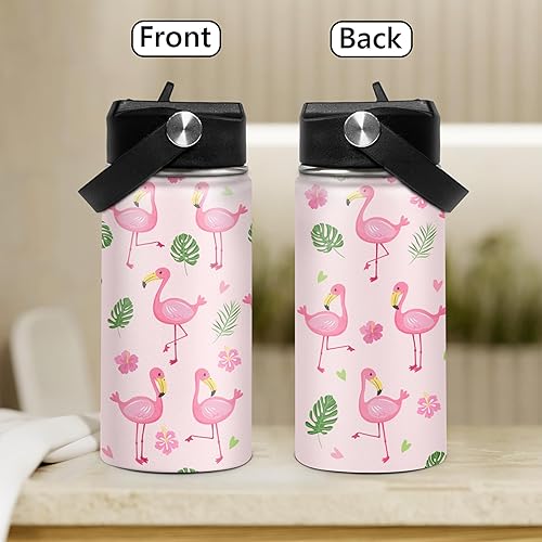 Miniatura 3 de Botella de agua para niños, botellas de agua de flamenco de 12 onzas con pajilla, vaso aislado de acero inoxidable para viajes, escuela, vaso de