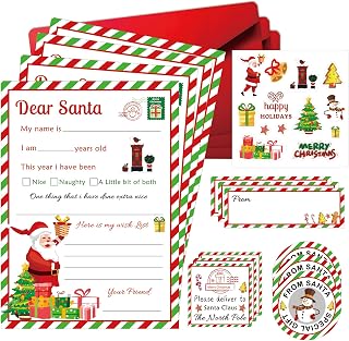 8 Set Official Letter to Santa Kit with Seals Address Labels 5x7 inch Christmas Wish List Cards with Red Envelopes Certificate from Santa Claus for Holiday Greeting Supplies