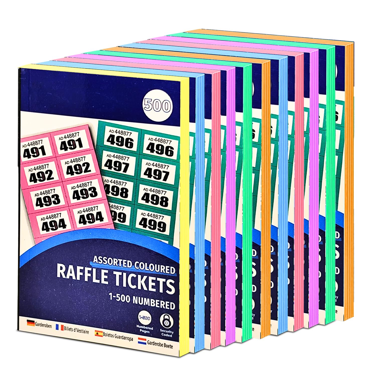 Bestus Cloakroom & Raffle Tickets 1-500 - Assorted Colors for Tombola, Charity Events, Prize & Lucky Draws, Sequential Numbering, Perforated Tear-Away Design, and Security Coding (12 Books)