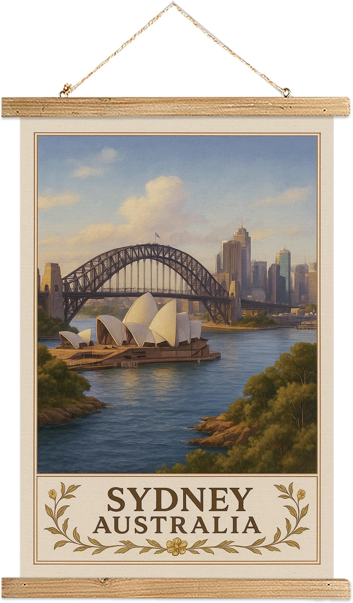 Sydney Australia Wall Art Poster, Vintage Travel Print Featuring Opera House and Harbour Bridge, Linen Canvas Hanging Scroll with Wooden Frame, Modern City Decor for Living Room Bedroom, 16x23 Inch