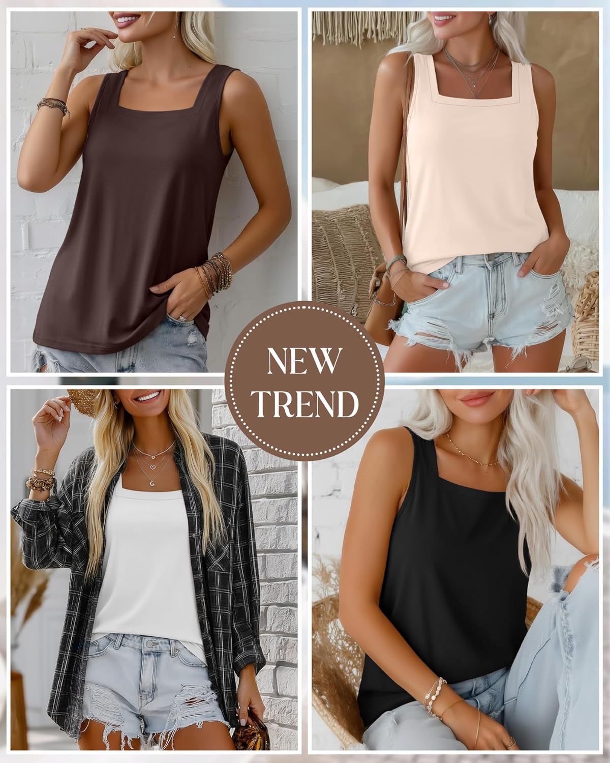 Riyiper 4 Pack Summer Women's Tank Tops Multipack Sleeveless Shirts Loose Fit Square Neck Tanks - Image 2