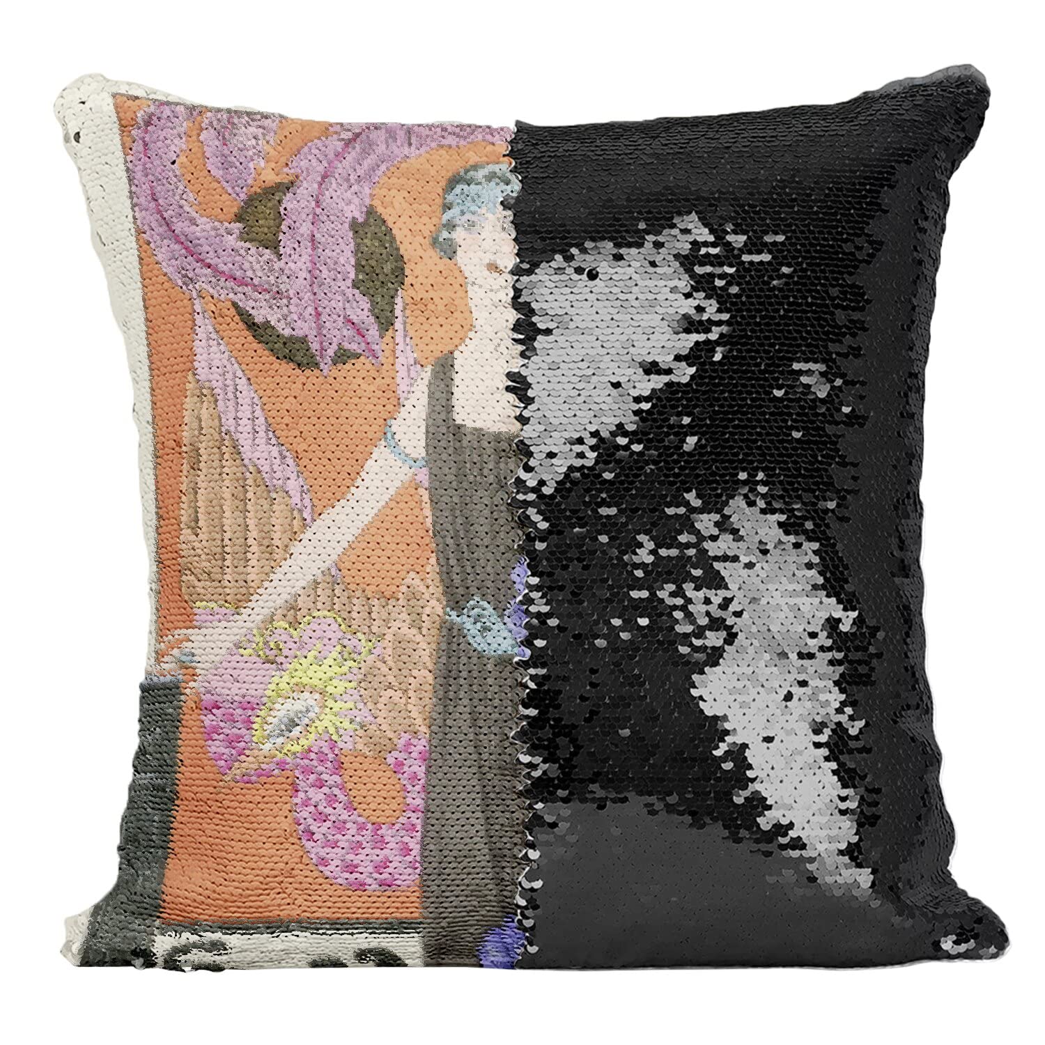 Coussin sequin dame élégante design Art Déco et phénix aux finitions soignées