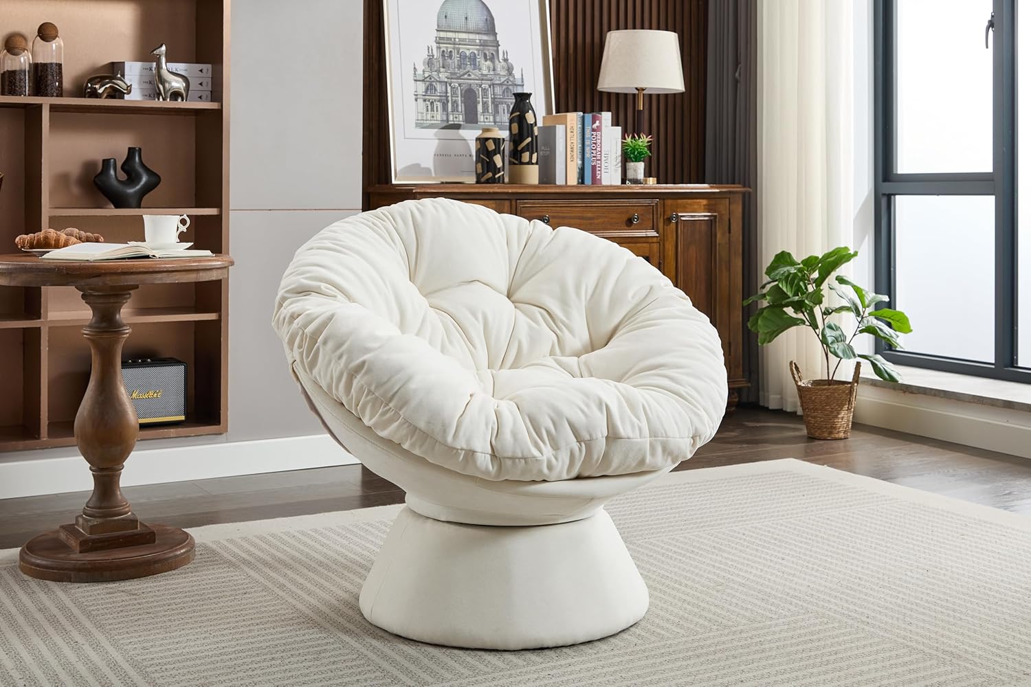 360 Swivel Accent Chair, Oversized Barrel Chair, Papasan Chair for Living Room Bedroom, White