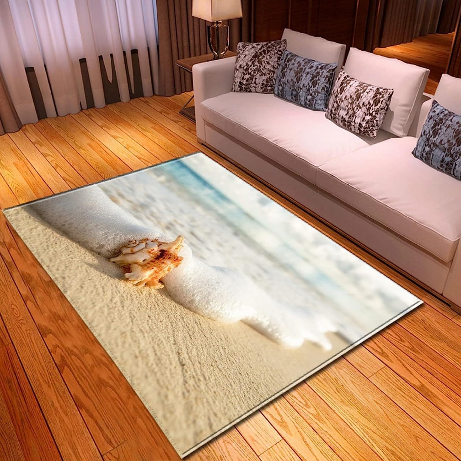 Grand tapis imprimé 3D bord de mer en mousse pour salon 140x200cm