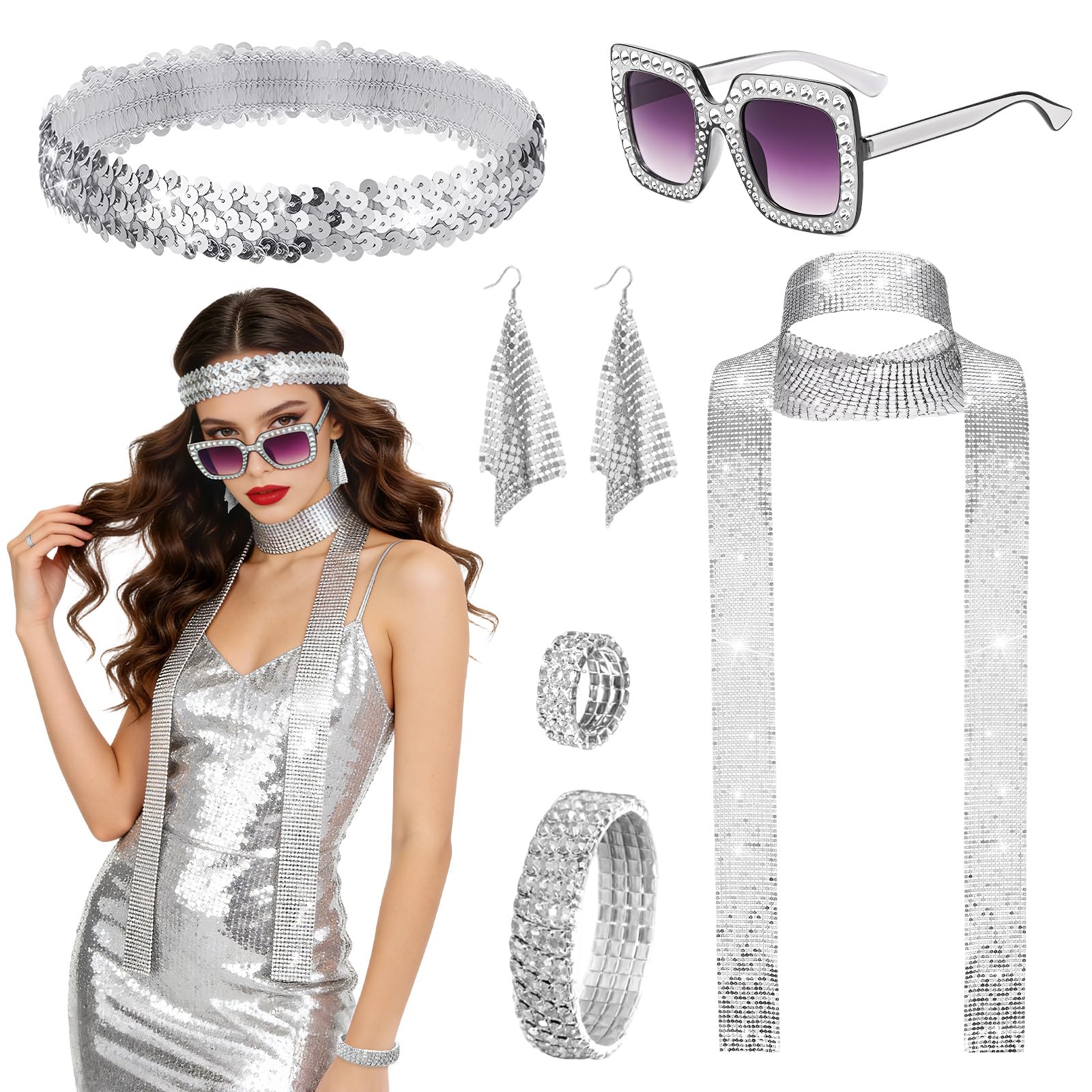 UxClishe 6 Pcs 70s Disco Costume Set for Women, 1970s Disco Fancy Dress Accessories with Sequin Headband Bracelet Earrings Glitter Scarf Sunglasses Ring for Retro Discos Theme Party Supplies