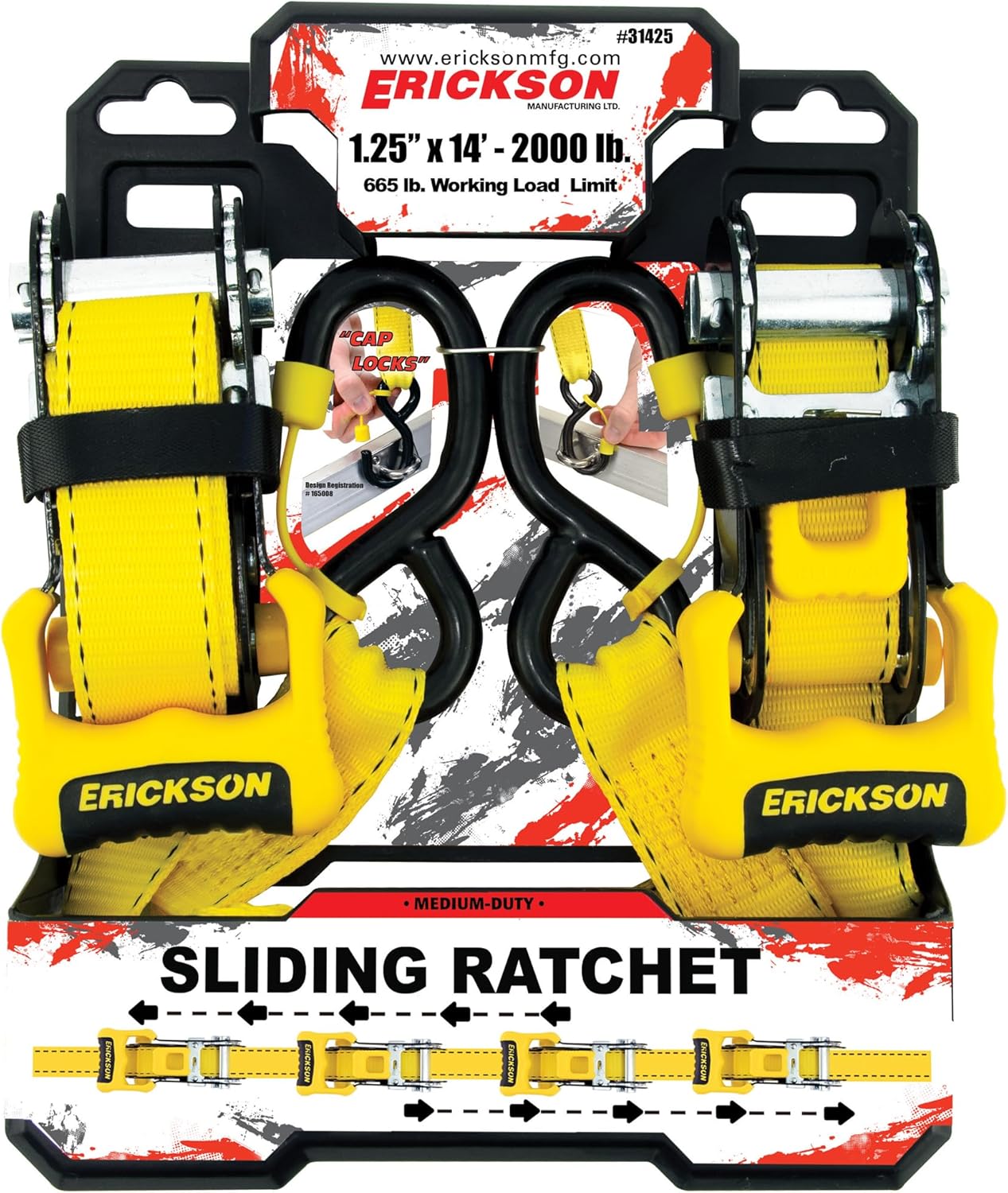 Erickson Ratchet Tie-Down Straps - (2 Pack) 1-1/4 in x 14 ft with Movable Handle - 2000 lb Break Strength, Yellow Webbing with Wide Red Rubber Grip - Ideal for Dirt Bikes, Camping, DIY Projects