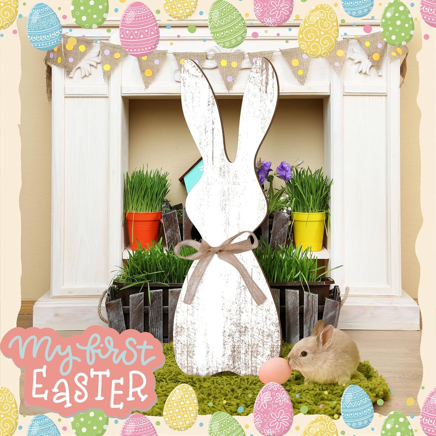Yerliker 35.5 H Easter Bunny Porch Decor Sign Easter Outdoor Decor Wooden Bunny Standing Porch Sign Vertical Farmhouse Rabbit with Ribbon for Front Door Indoor Outdoor Yard Garden Decor