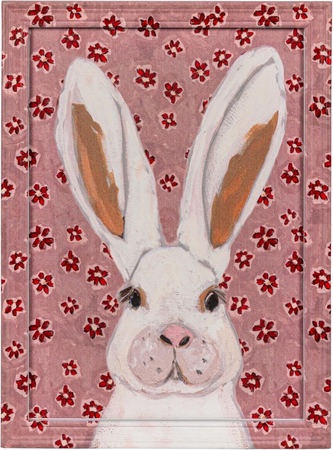 Creative Co-Op Wood Framed Glass Wall Décor with Rabbit Image and Flowers, Multicolor