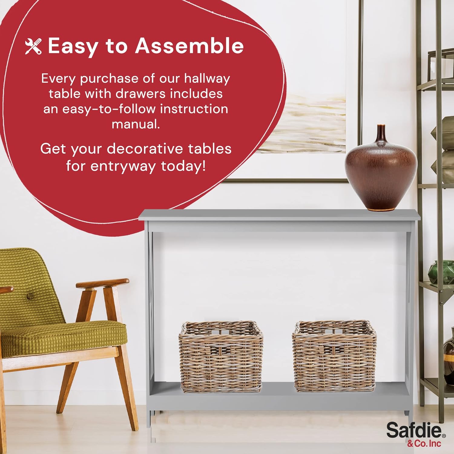 Safdie & Co. - Gray Console Table, 2-Layer Entryway Table, Console Tables for Entryway, Use As Doorway Table, Sofa Table, or Accent Furniture for Decorating Foyer, 12 x 31.5 x 39.5 Inches