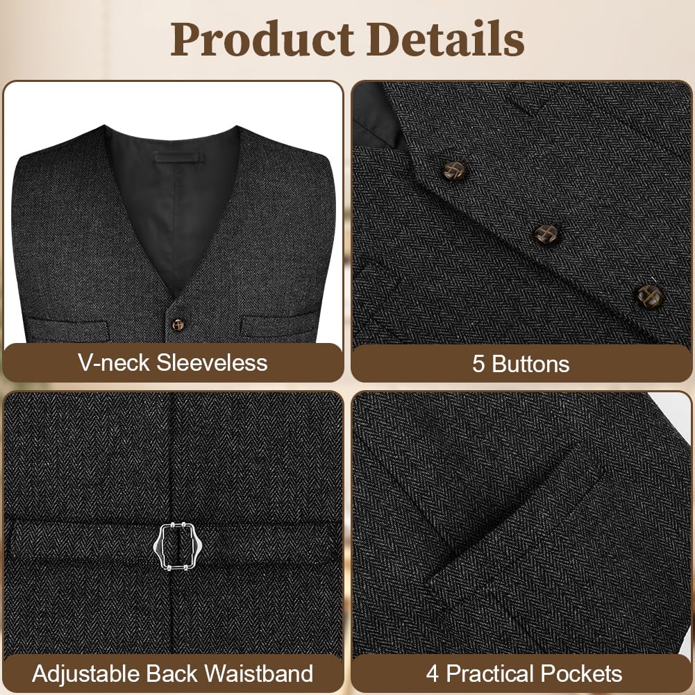 AUYAO Chaleco Formal Hombres, Traje de Espiga de Lana Casual para Hombre, Chaleco de Tweed para Novios de Boda, Boda Fiesta Negocio