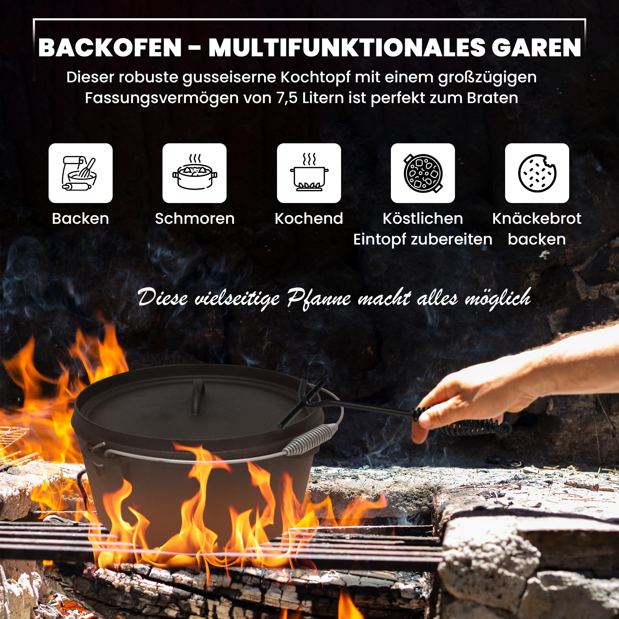 Dutch Oven Set BBQ 7,5 Liter, Feuertopf Schmortopf mit Edelstahluntersetzer, Gusseisen Topf mit Deckelheber Henkel und Schlitz für Themormeter, Grilltopf für Oudoor & Indoor,schwarz