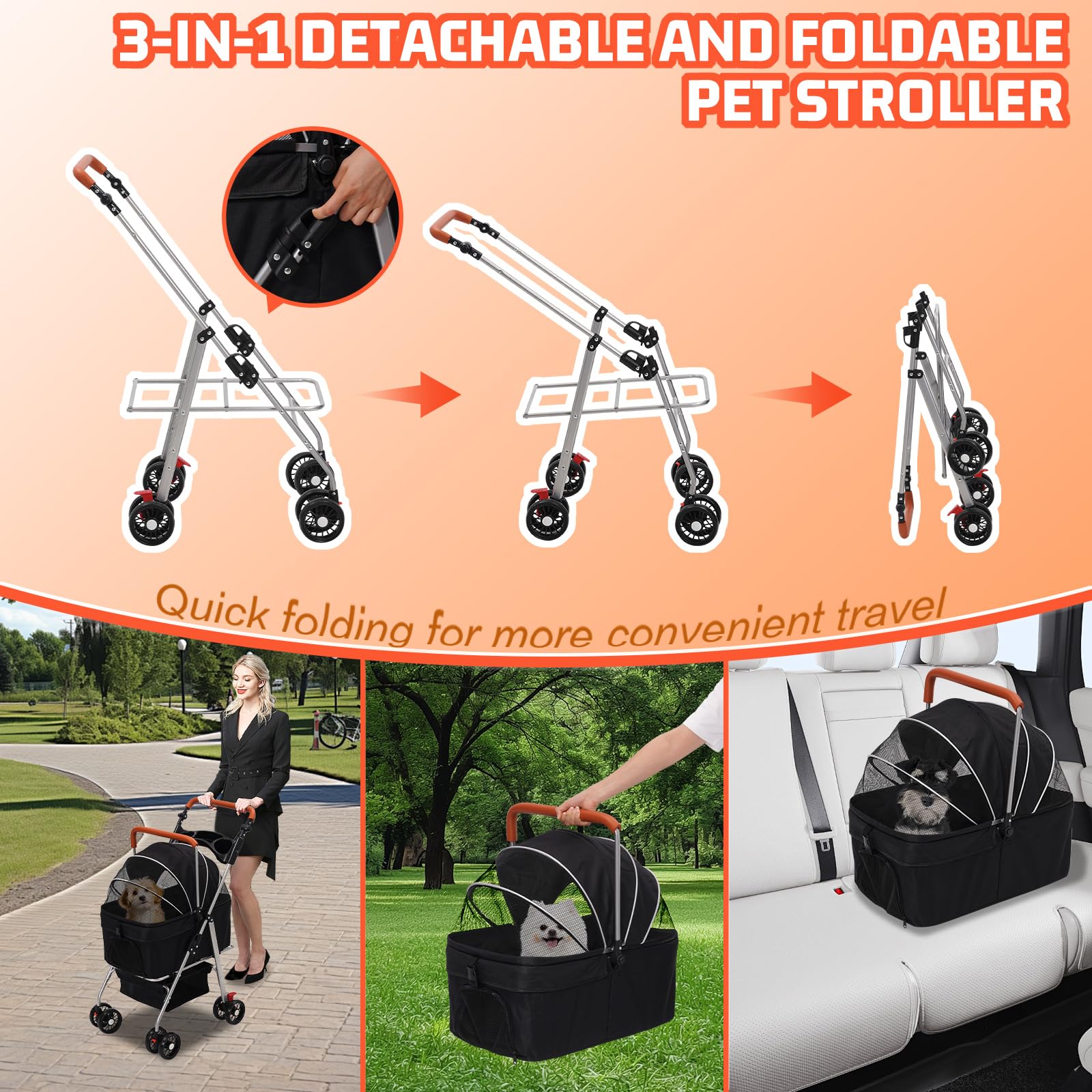 Cochecito para Perros 3 en1,Carro Perro Plegable,Hasta 20kg, Carrito Perro Con Rueda Universal de 360° con Freno,Cesta de Almacenamiento,Ventana de Malla,Portavasos y Asa Ajustable,para Perros Gatos