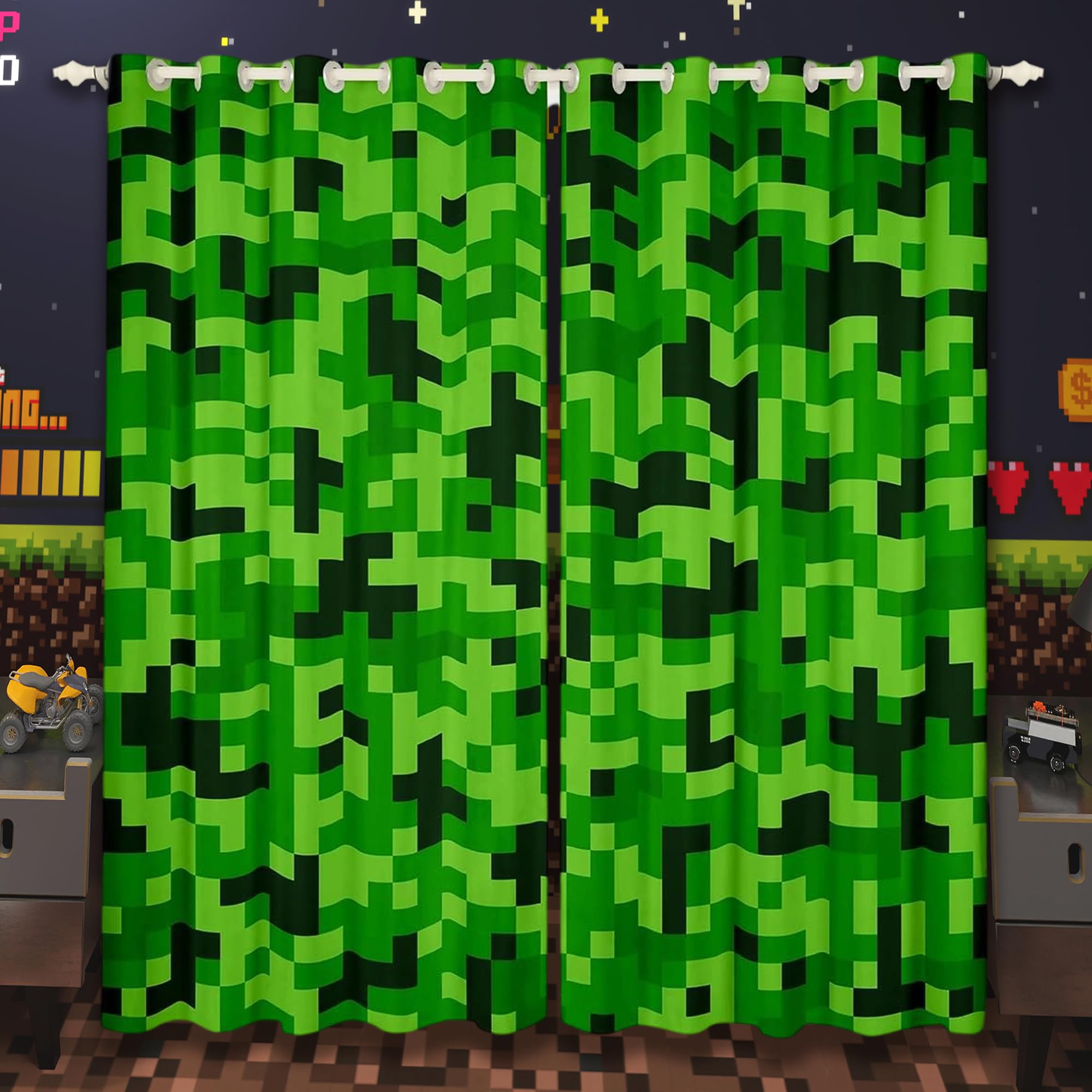 Grüne verpixelte Minenarbeiter-Vorhänge, Videospiele, Fenstervorhang, Kinder-, Jungen-, Mädchen-, Jugendzimmer-Dekor, Cartoon-Gamepad-Fensterbehandlungsvorhang, modern, geometrisch, kariert
