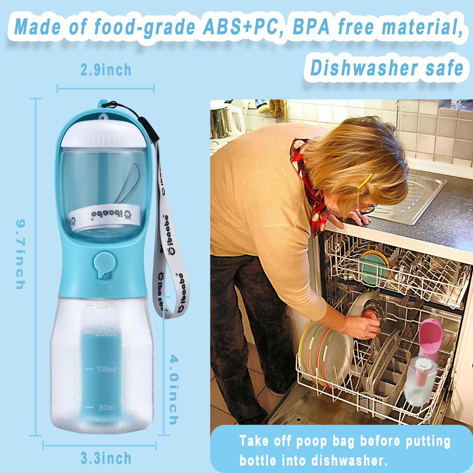 Cibaabo Botella de agua para perros con contenedor de alimentos y soporte para bolsa de excrementos, cuenco de agua de viaje, dispensador portátil de mascotas, accesorios para perros, artículos