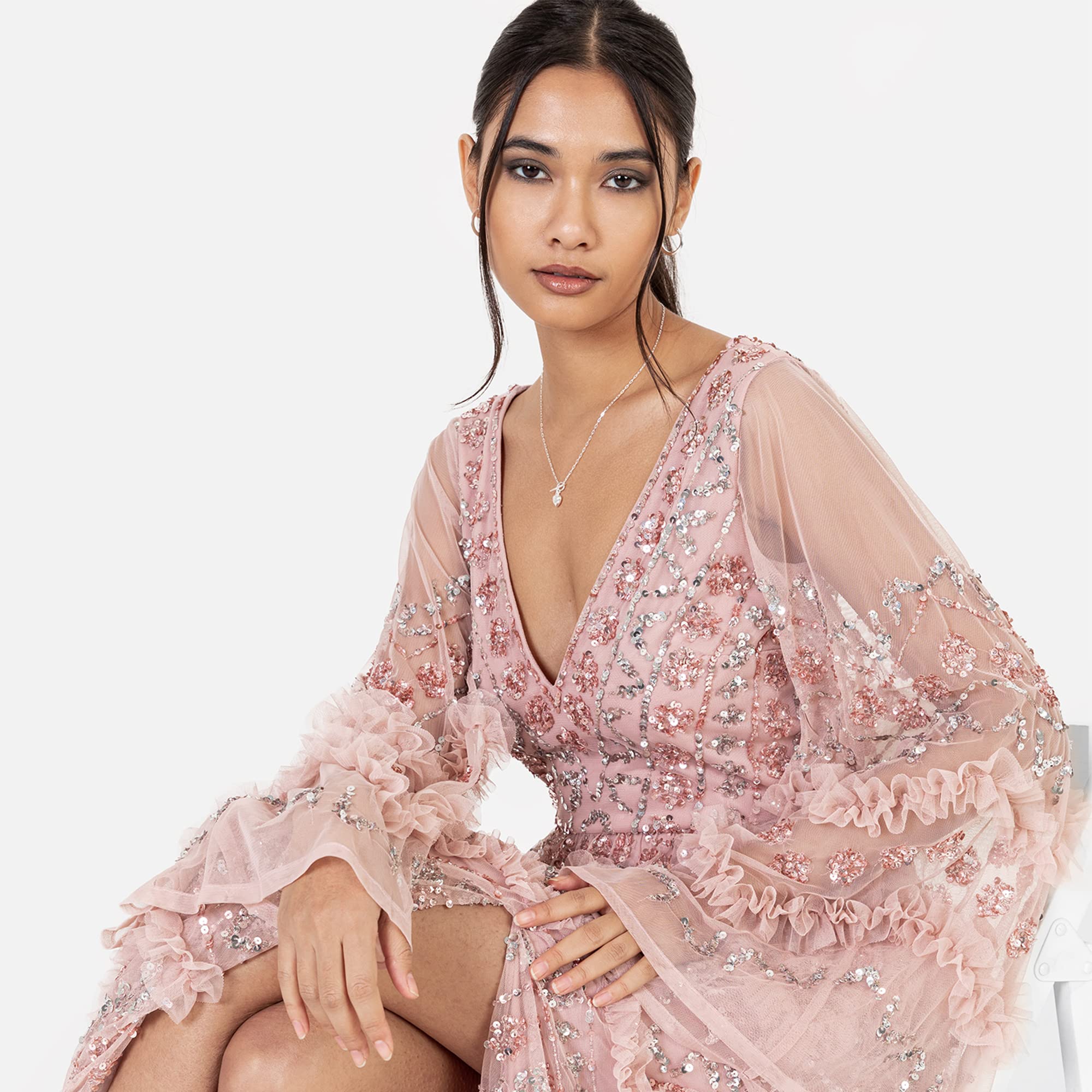 Maya Deluxe Ladies Womens Maxi Dress V Neckline Sequin with Ruffle Empire Waist Slit Split For Prom Ball Bridesmaid Wedding Guest Vestidos para Mujer