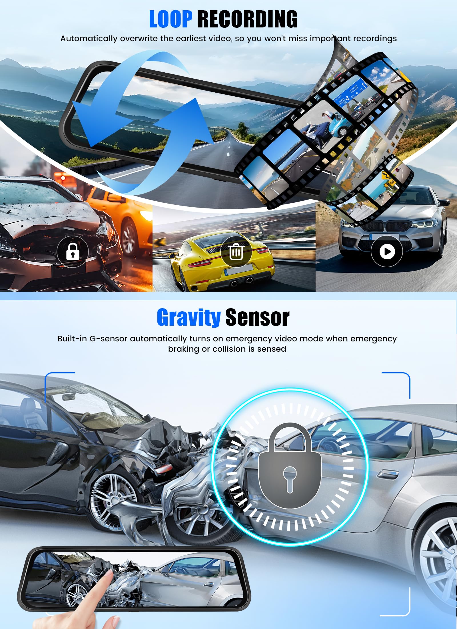 CAMECHO Mirror Dash Cam Schermo da 9.66 pollici 2K, Dashcam con TRE Telecamere: Anteriore/Interna/Posteriore -WiFi registrazione loop/sensore di gravità/assistenza al parcheggio