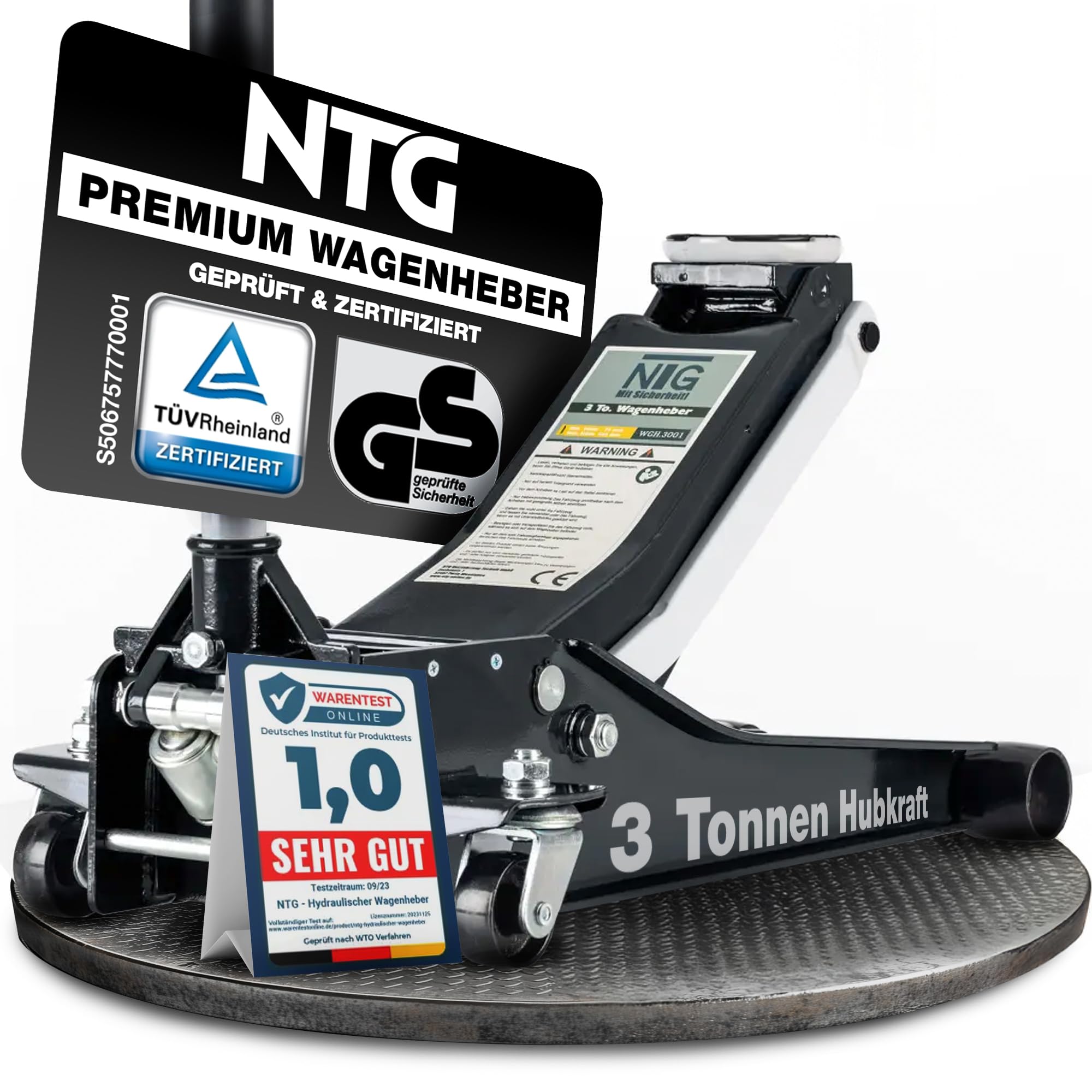 NTG Gato hidráulico 3T (elevación 75-505 mm), Doble Cilindro, extraestable, Profesional, 3000 kg, Plano, para SUV y Coches Bajos, Color Negro