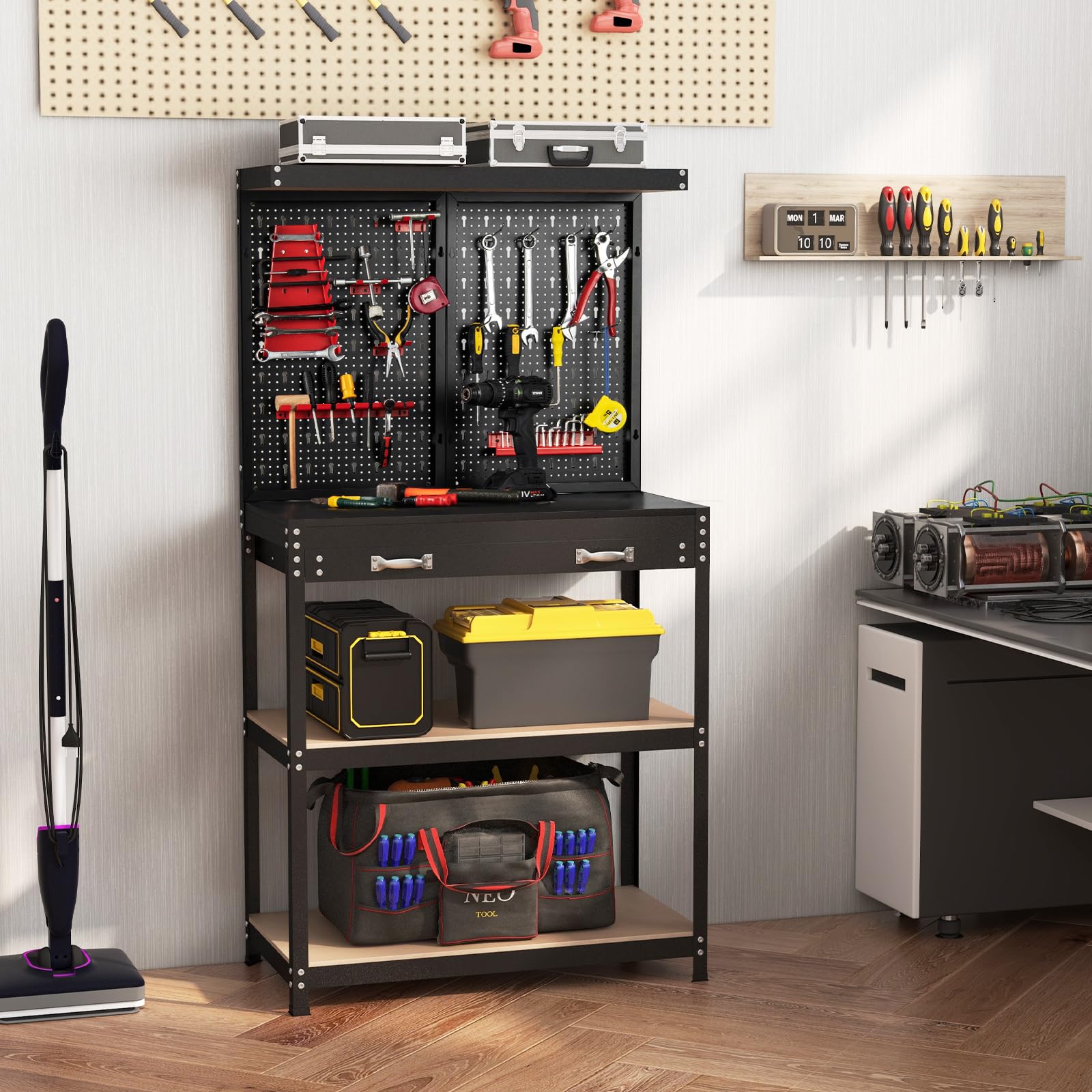 FANTASK Banco da lavoro alto 155 cm, banco attrezzi con parete forata e 13 accessori, tavolo da lavoro con cassetto