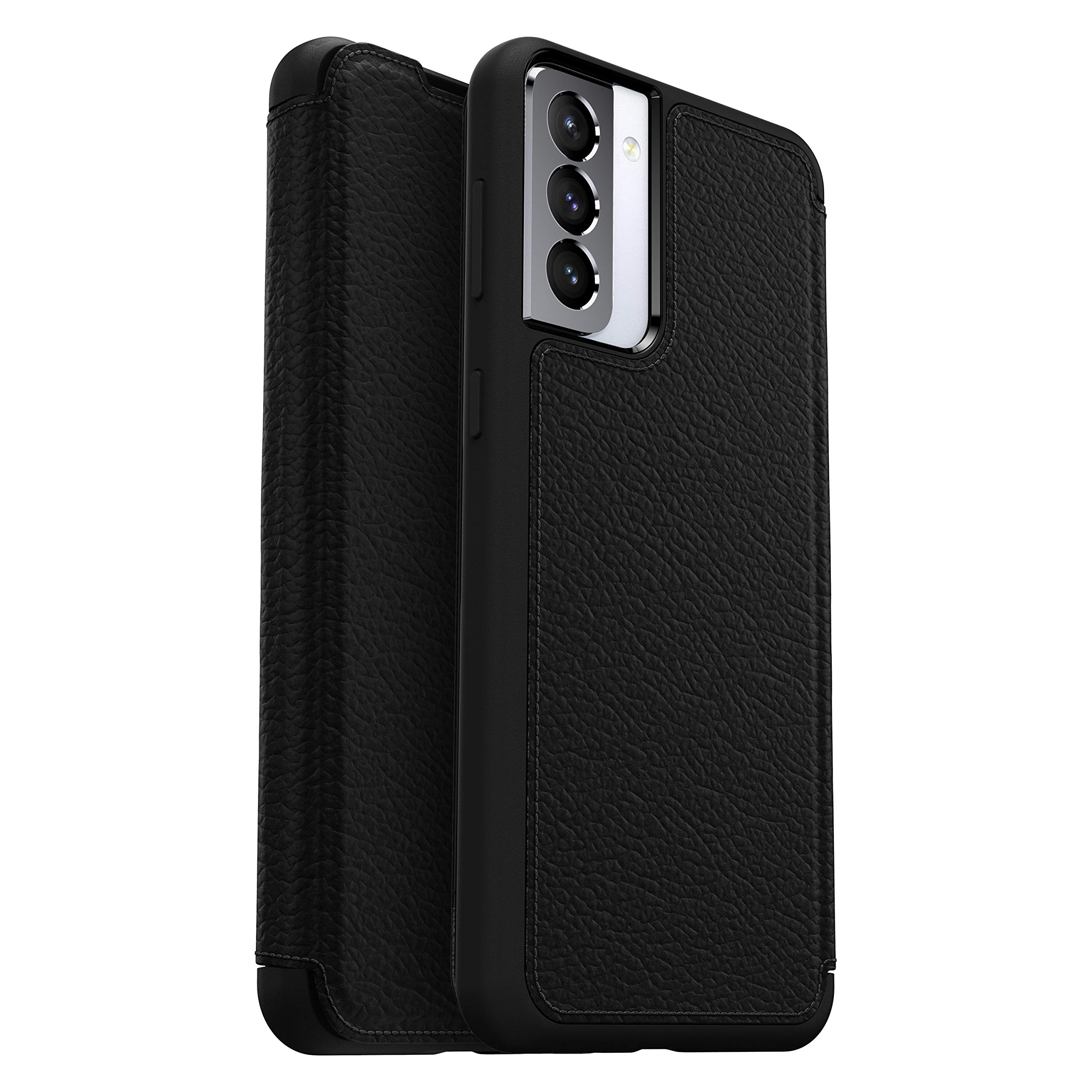 OtterBox Strada Hülle für Samsung Galaxy S21+ 5G, stoßfest, sturzsicher,Premium Lederfolio mit Zwei Kartenhaltern, 3X getestet nach Militärstandard, Schwarz, Keine Einzelhandelsverpackung