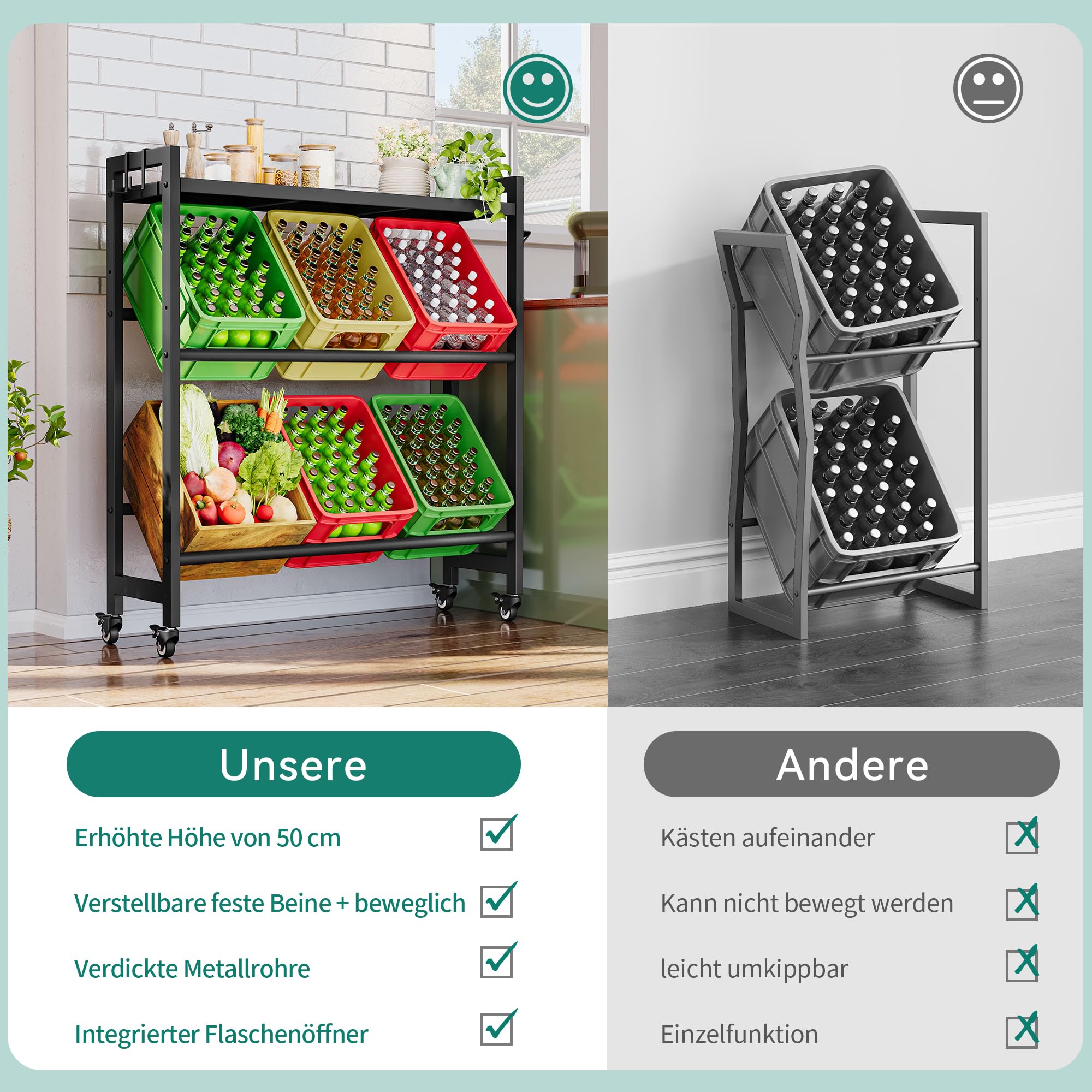 YITAHOME getränkekistenregal mit ablage 6 kisten, getränkekistenregal rollen, verstellbaren füße, Öffner, Haken, Metall regal getränkekisten für Bier, Obst, Gemüse, Wasser, getränkeregal kisten regal