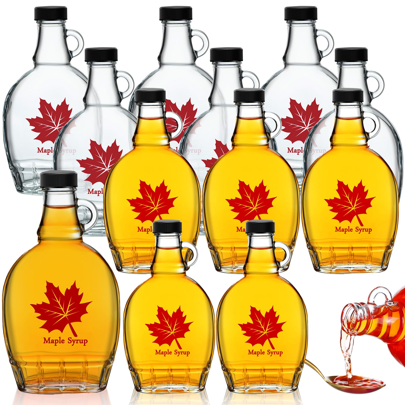 Havawish 12 Pcs Glass Maple Syrup Bottles Reusable Clear Glass Bottles with Loop Handle and Black Plastic Lids Jars Syrup Container for Potion Sauce Oil Milk Juice Storage Gift(8 oz)