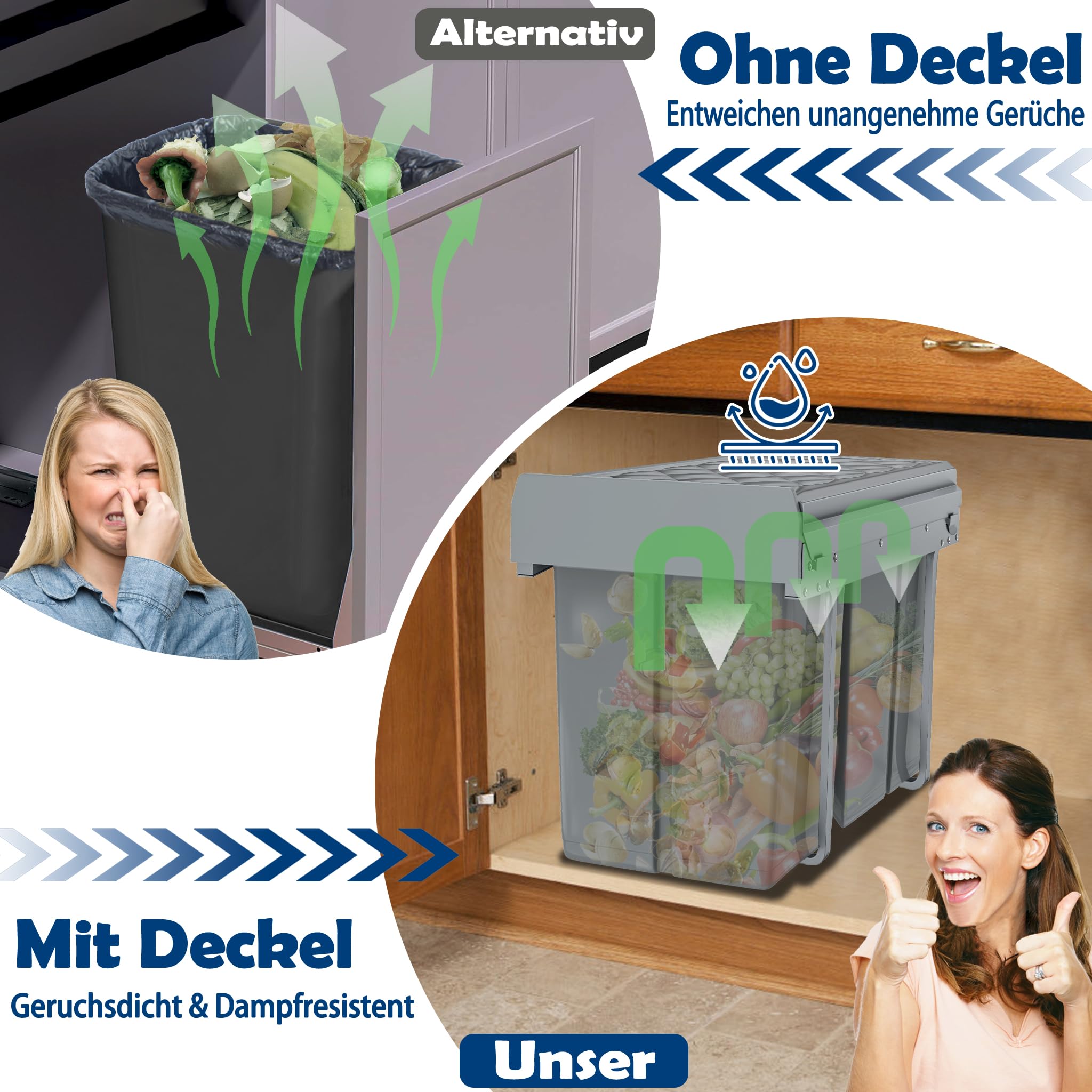 Grau 2 x 15L Einbaumülleimer Mülltrennsystem Ausziehbar Mehrfachbehälter Abfallsammler Schrankmülleimer Geruchsdicht Komfortabler Zugang für Küche 48x34x35cm