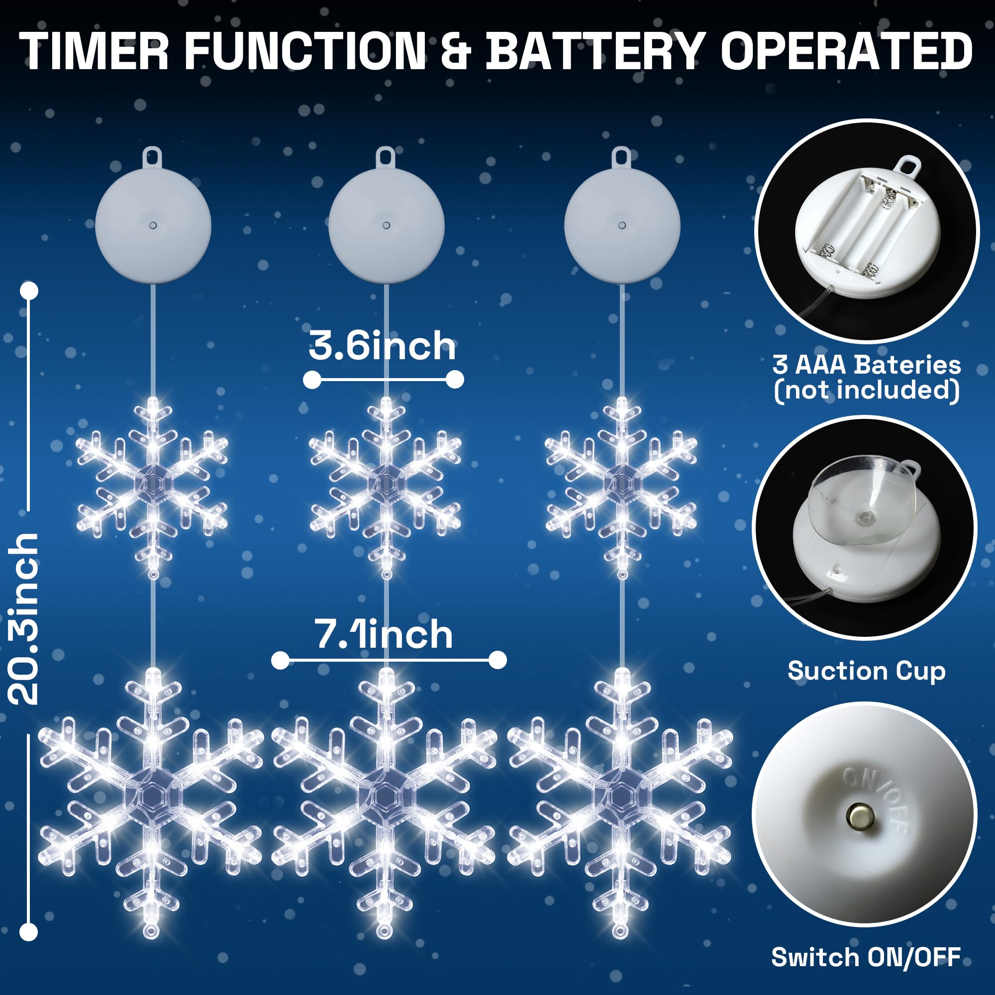 Lot de 3 décorations de fenêtre de Noël en forme de flocon de neige avec ventouse, LED à piles à suspendre pour intérieur ou extérieur