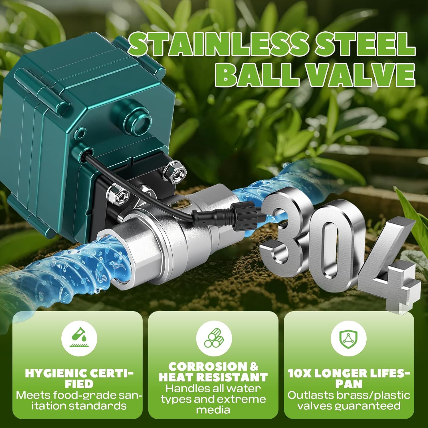 Smart Motorized Ball Valve with Remote Control- Automatic Water Shut-Off, 0-100% Adjustable Flow, Programmable Timer, Real-Time Monitoring (Stainless Steel, DN20 (3/4''))