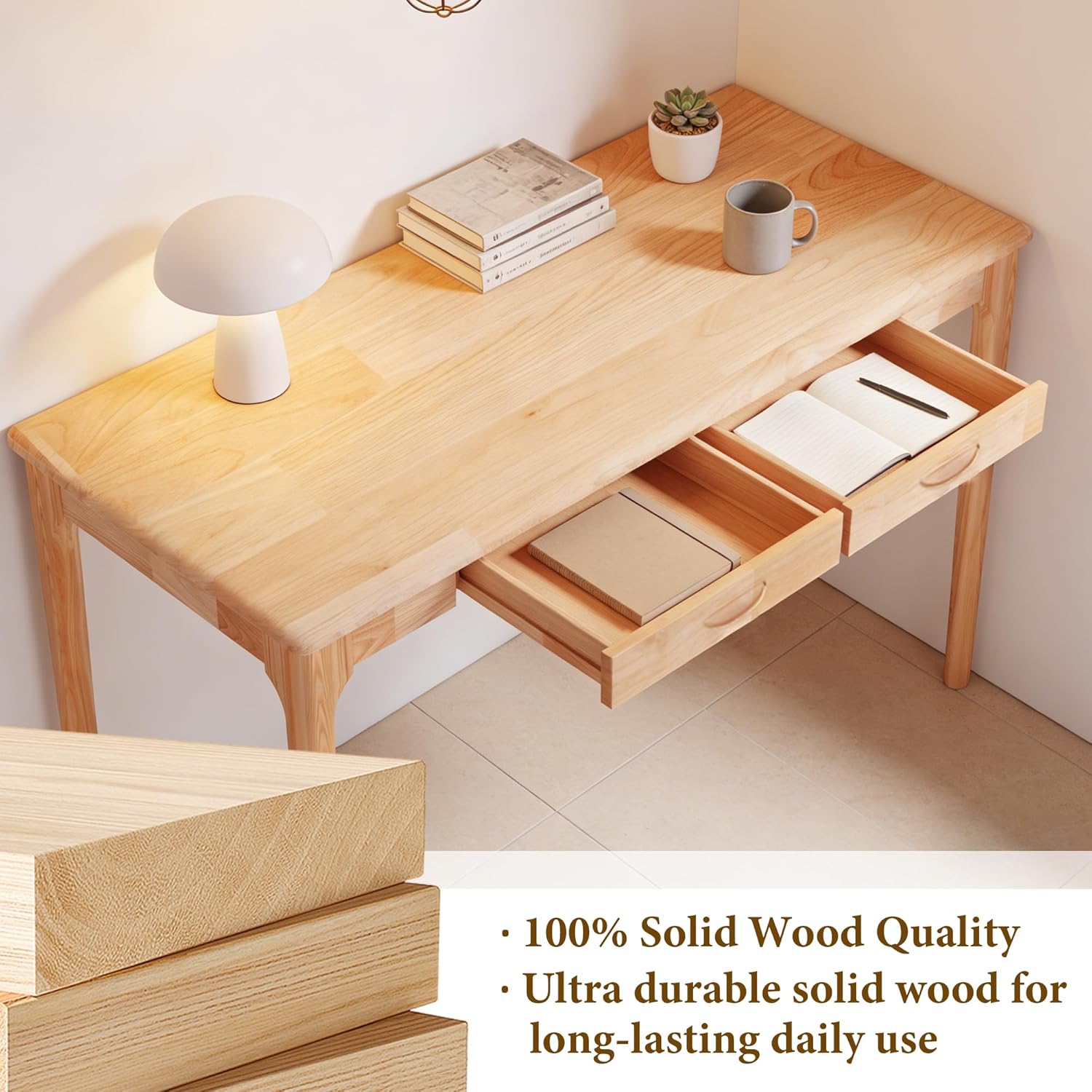 40" Solid Wood Desk with Drawers, Small Home Office Writing Wooden Desk, Gaming & Computer Desk for Bedroom, Work Study Table for Small Space(Beech,40Inch)